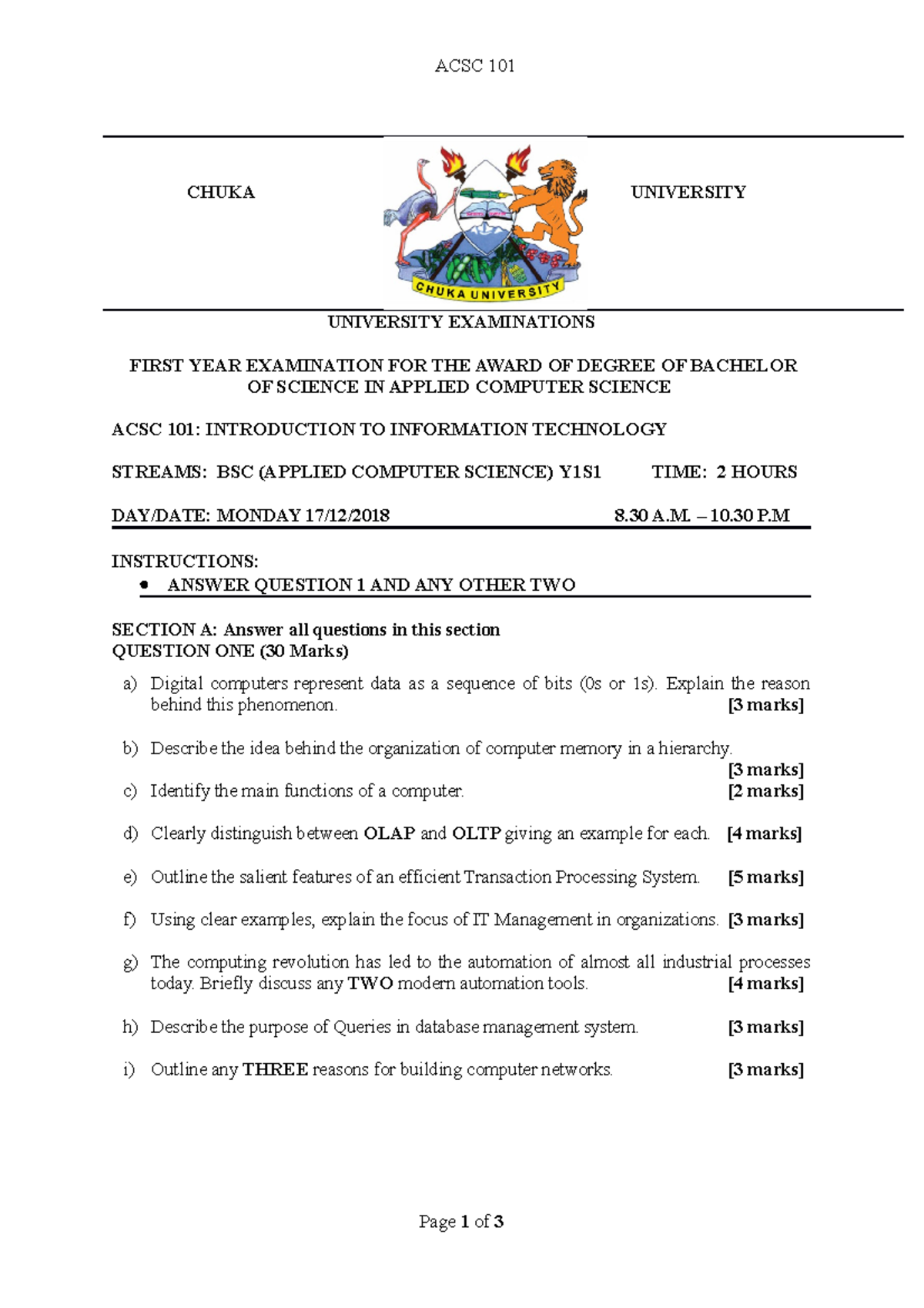 ACSC 101 Exam - Practice Questions on Intro to Information Technology ...