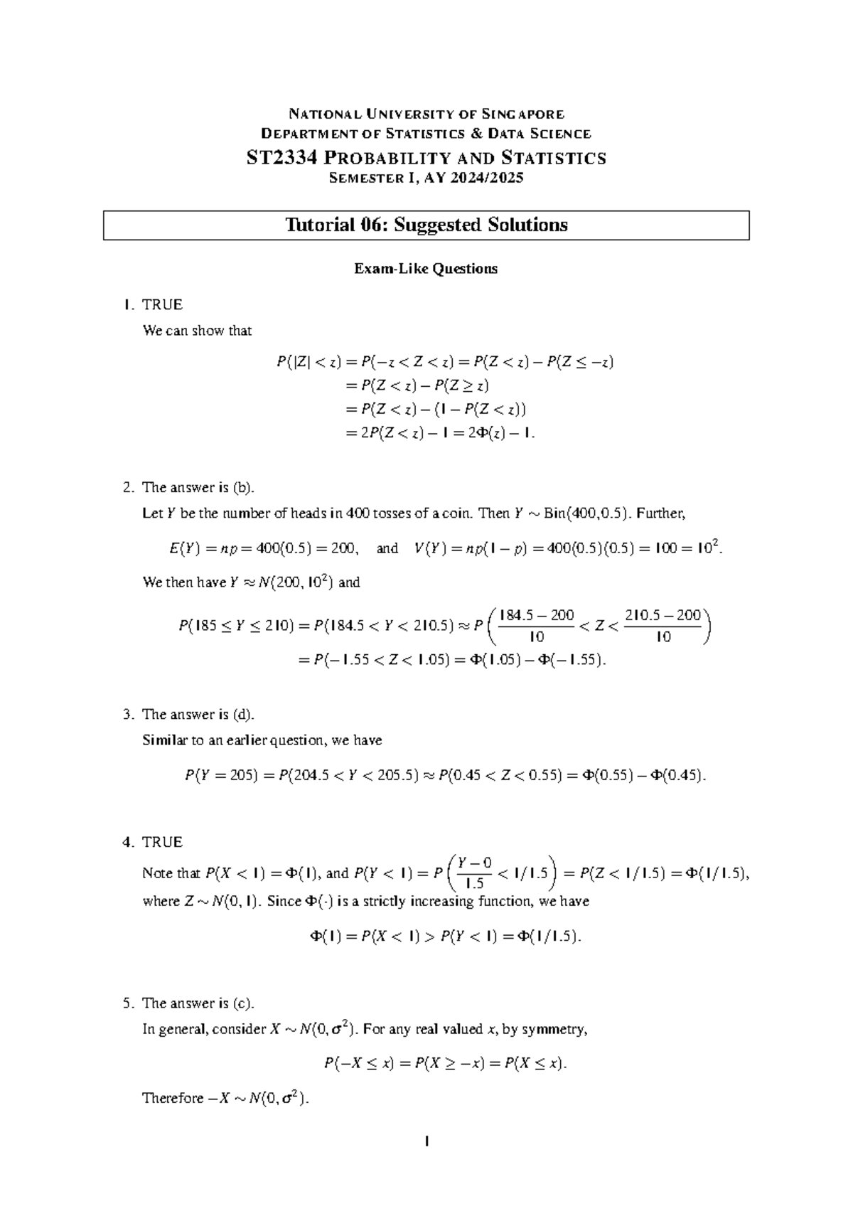 ST2334 Tutorial 06: Suggested Solutions for Probability & Statistics ...