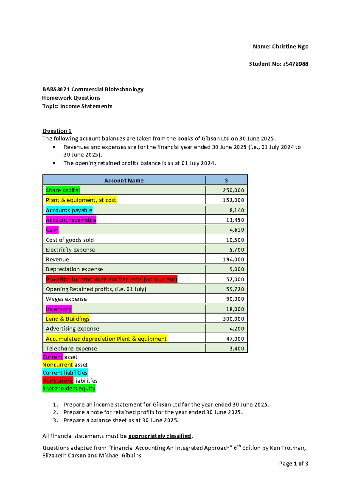 Homework Questions Topic - Income Statements - Questions adapted from ...