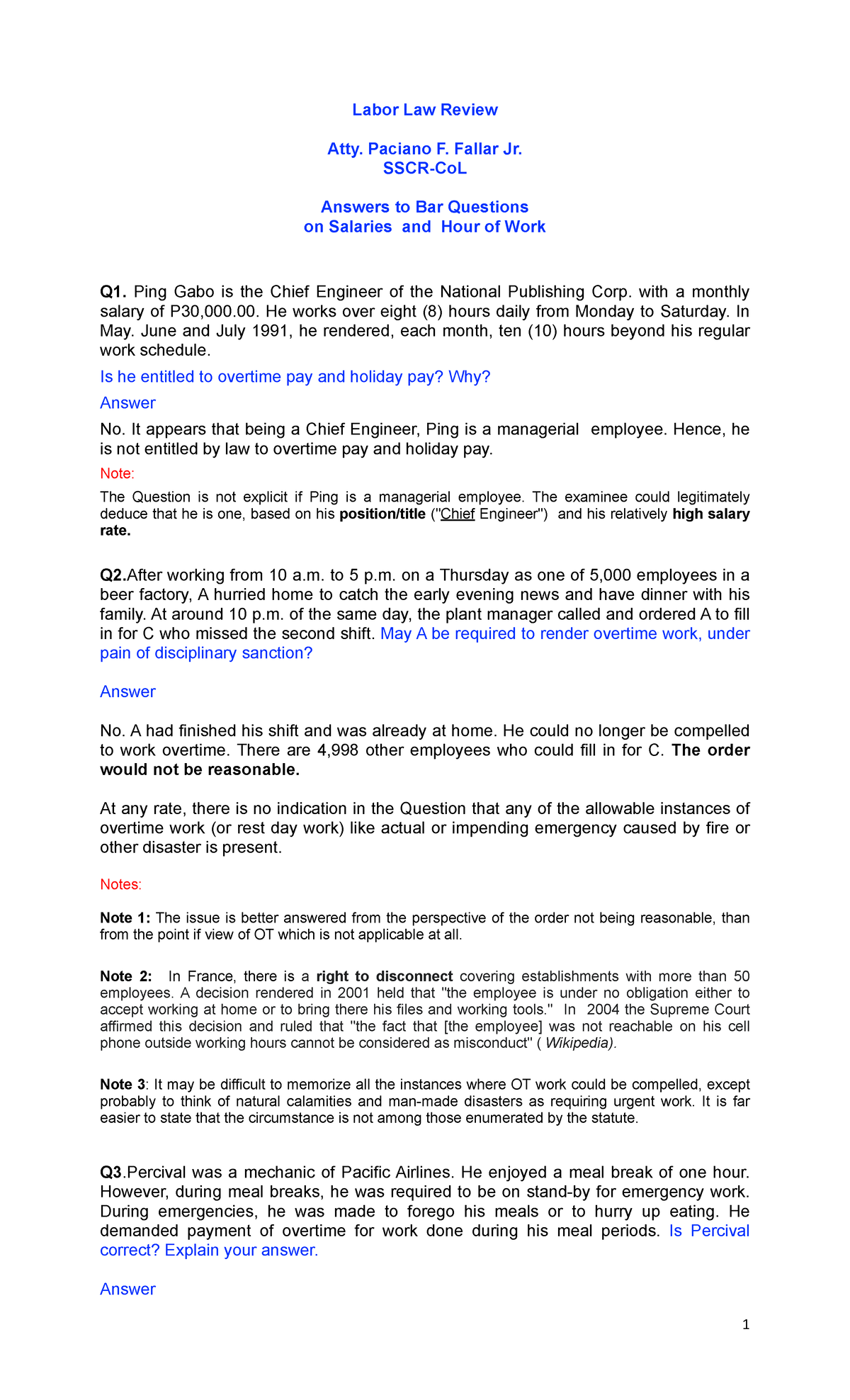 SSCR-CoL Labor Law Review: Bar Exam Answers on Salaries and Work Hours
