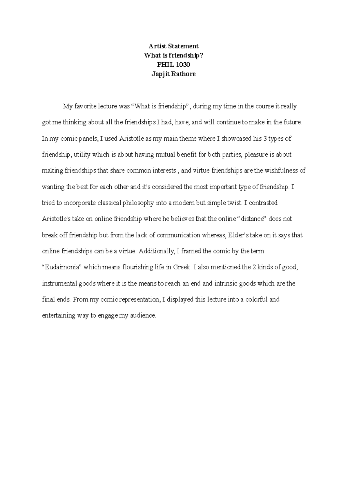 PHIL 1030 Artist Statement: Exploring Friendship Through Aristotle ...