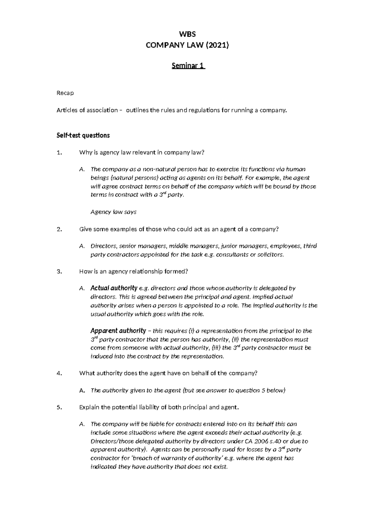 Company Law (WBS) Seminar 1 Recap: Agency Law Insights and Cases - Studocu