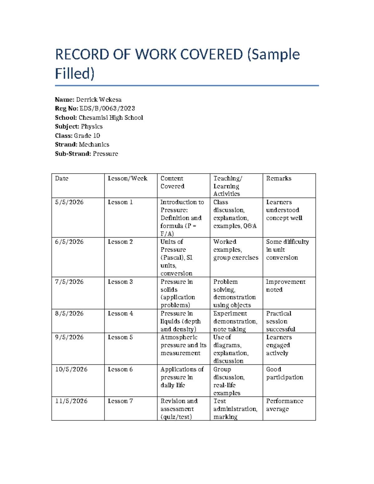 Grade 10 Physics Record of Work: Mechanics - Pressure Lessons - Studocu
