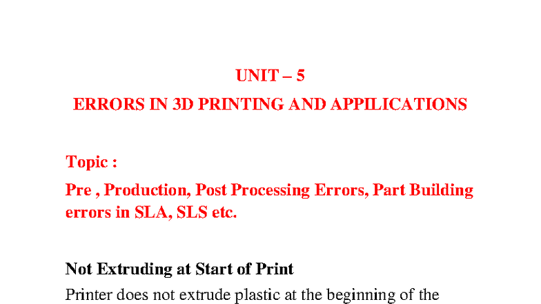 Unit 5: Errors in 3D Printing & Applications - Pre, Production, Post ...