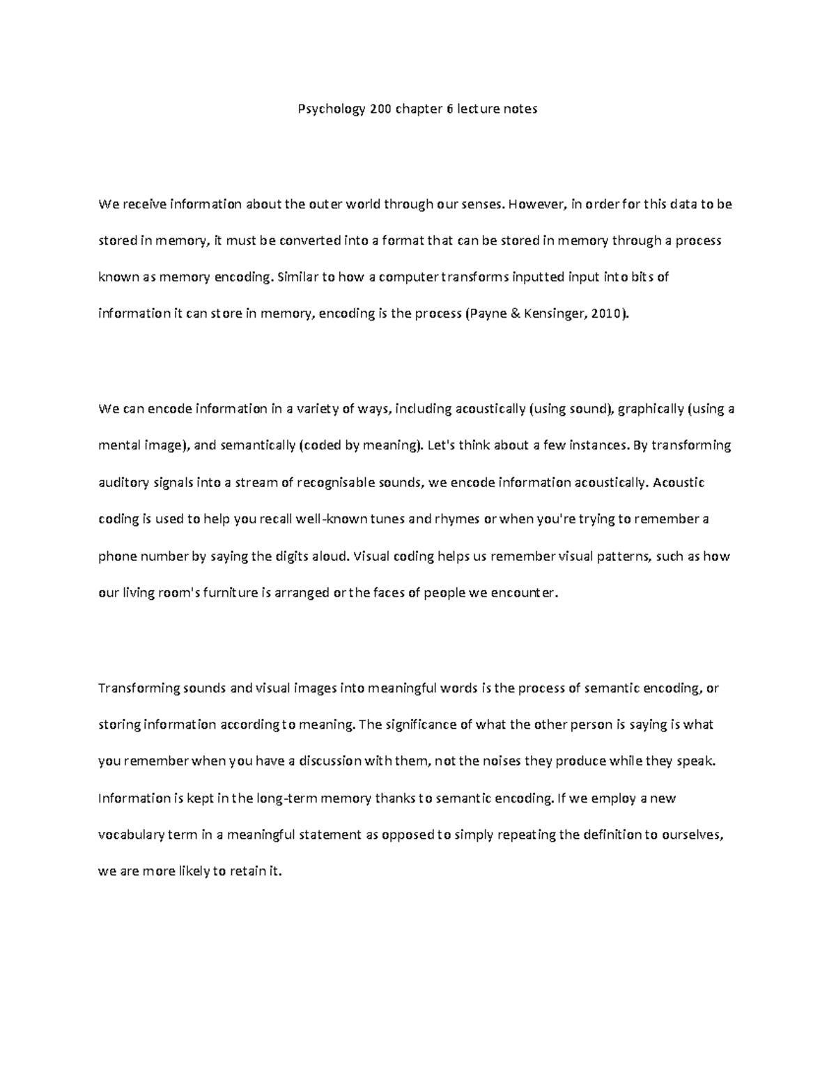 Psychology 200 - Chapter 6 Lecture Notes on Memory Encoding - Studocu