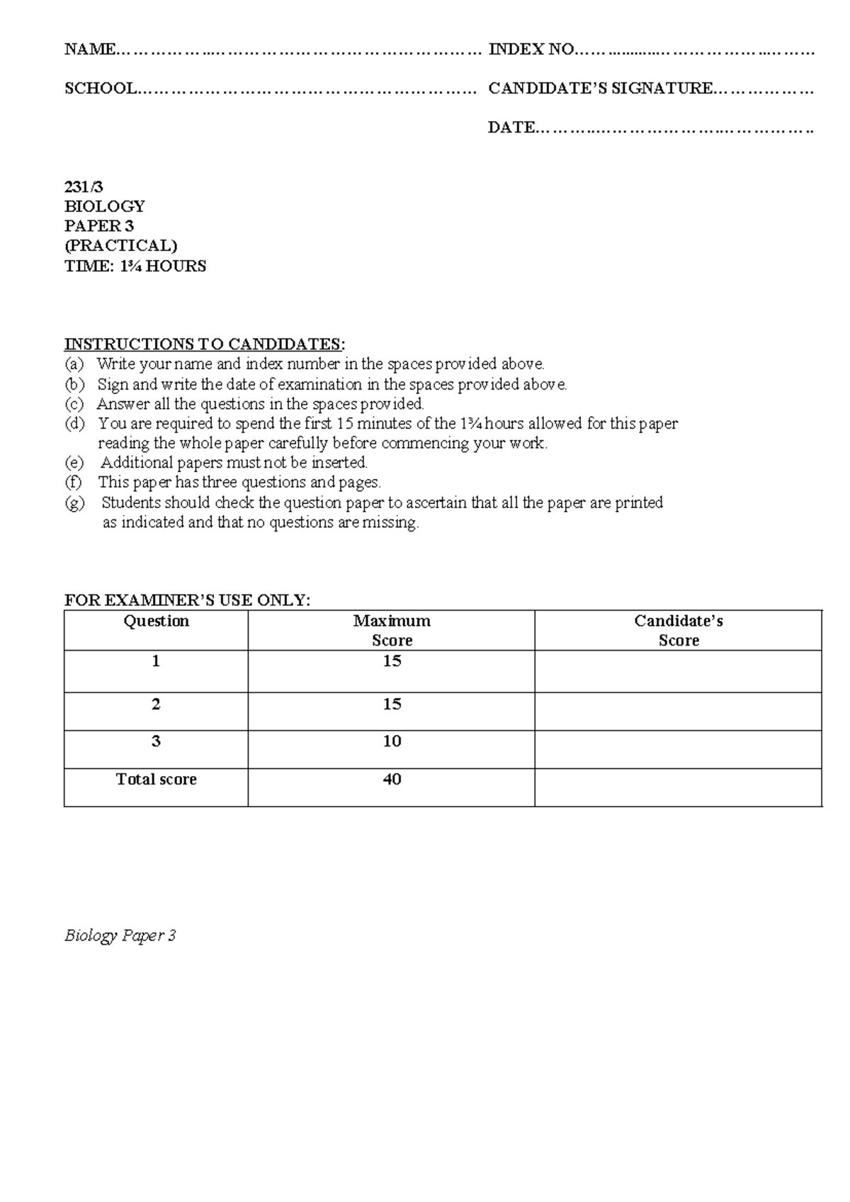 Biology Paper 3 Practical Exam Guide: Key Questions & Procedures - Studocu