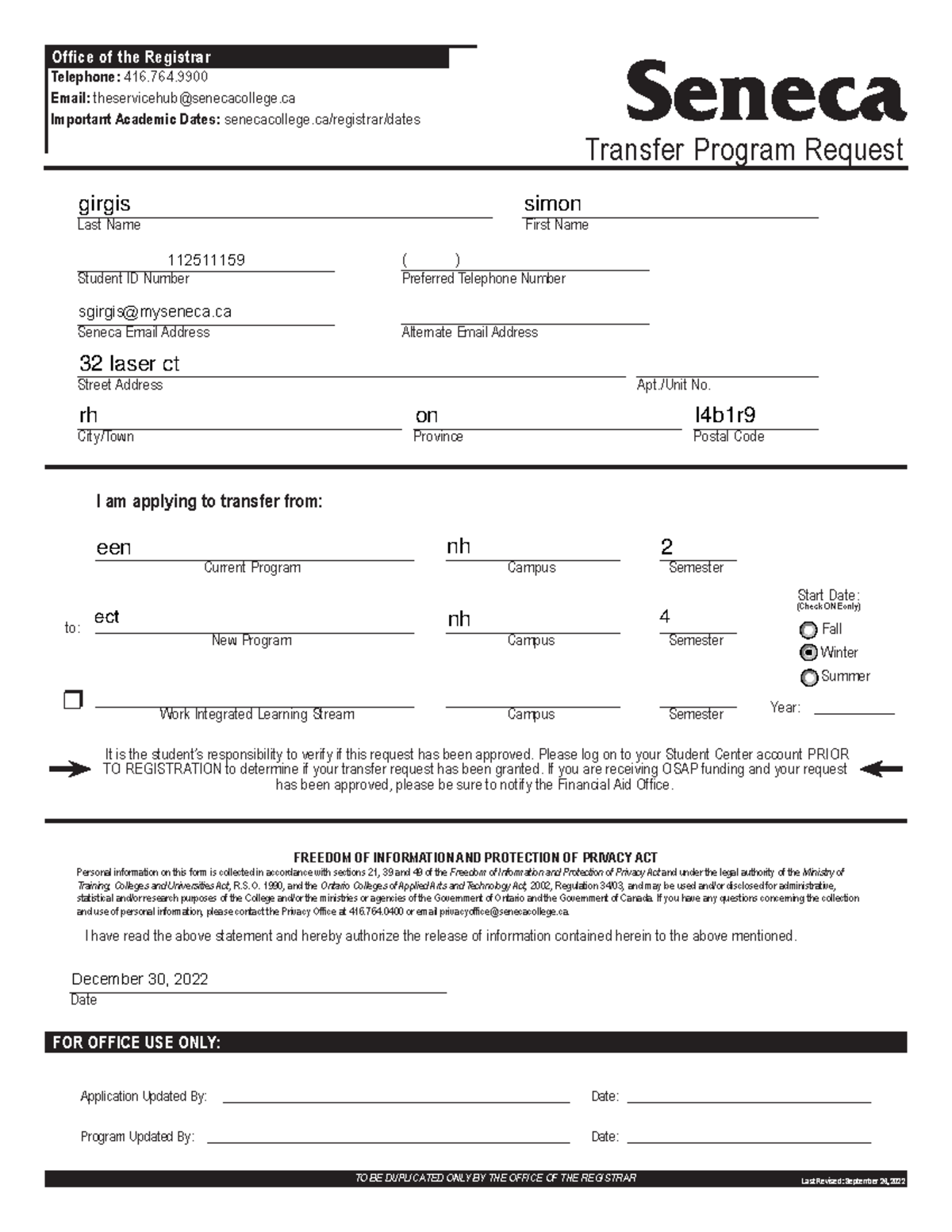 Seneca College Transfer Program Request Form - Important Instructions ...