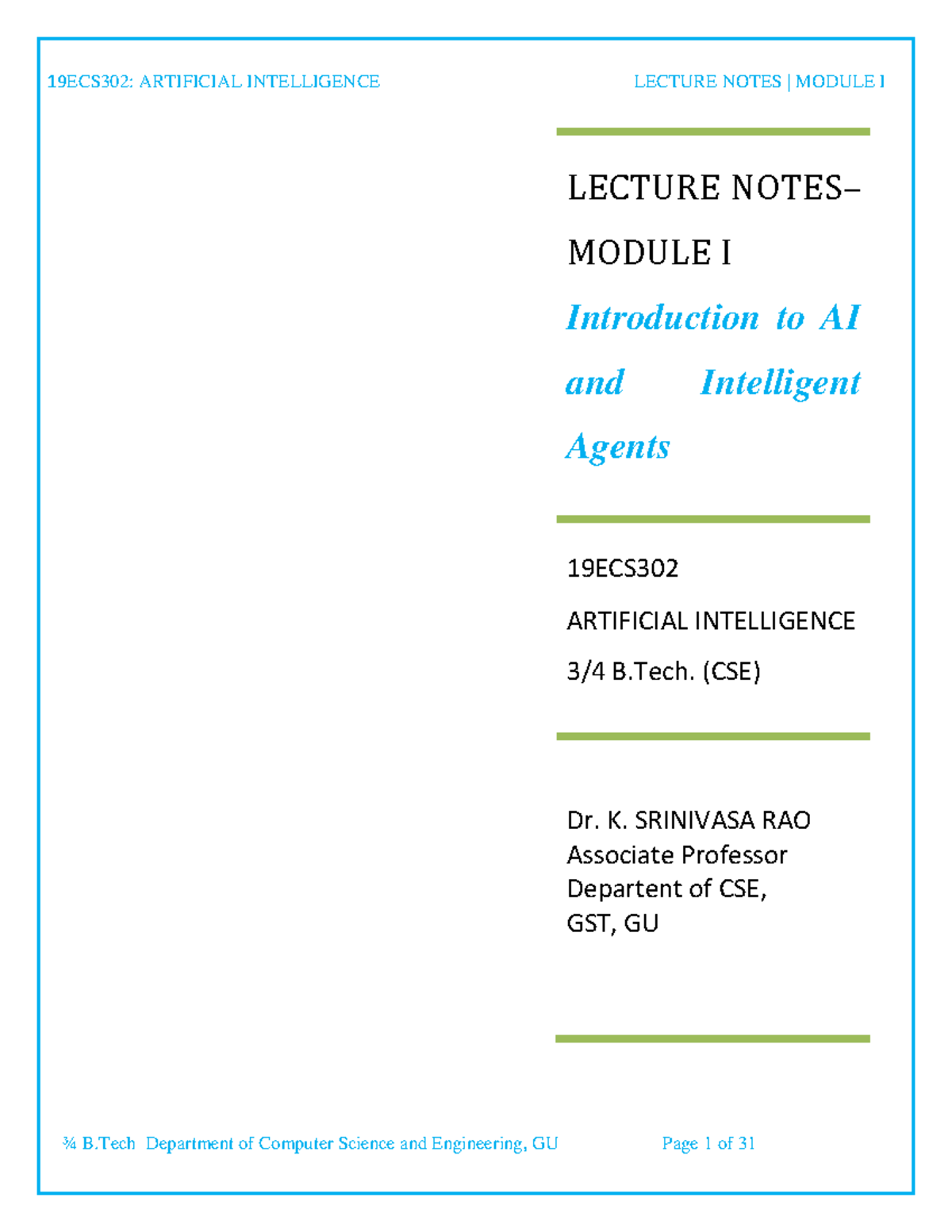 19ECS302 AI Module I Lecture Notes on Intelligent Agents - Studocu
