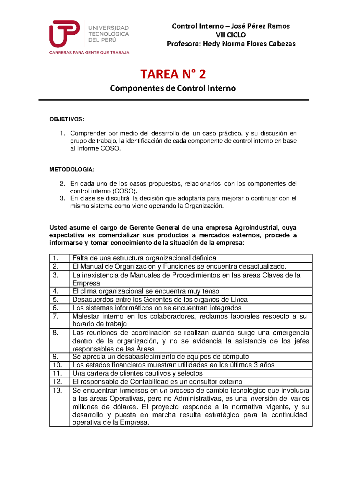 Tarea N° 2: Componentes de Control Interno según COSO - VII CICLO - Studocu
