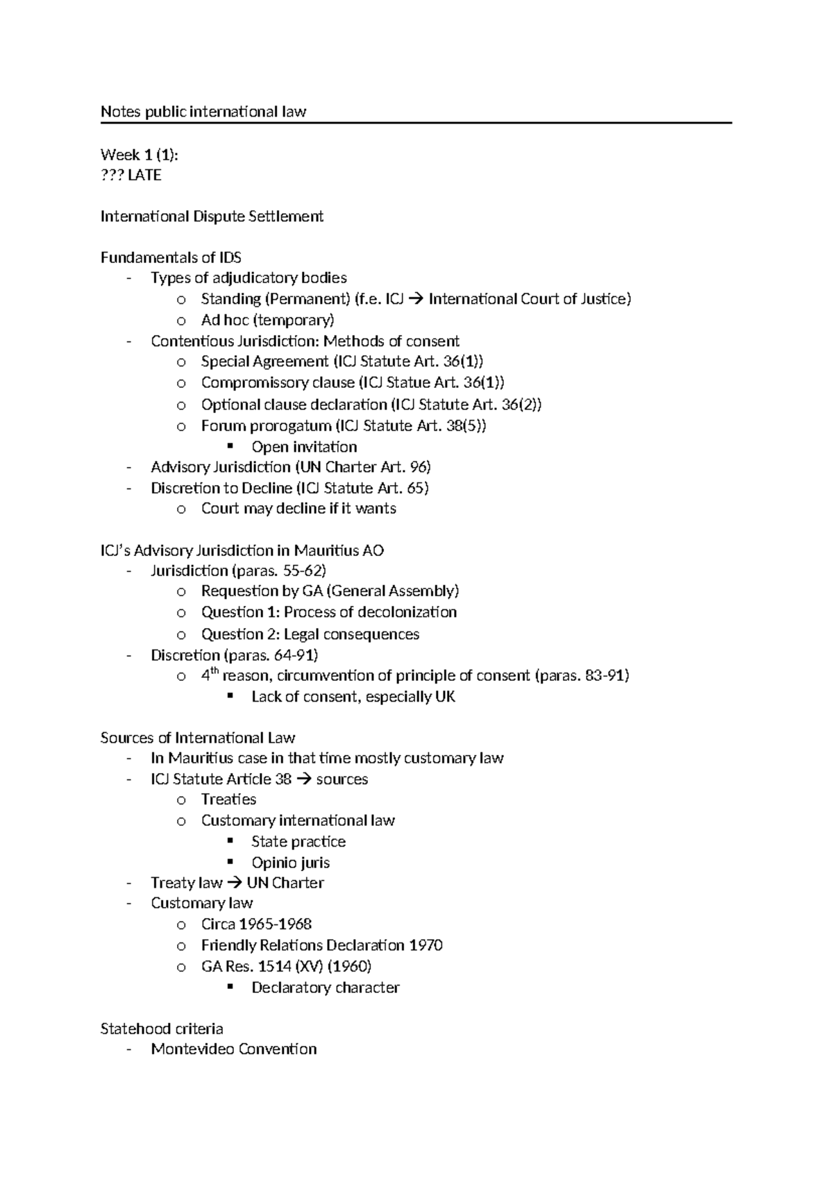 Public International Law Notes: Week 1-6 Overview - Studeersnel