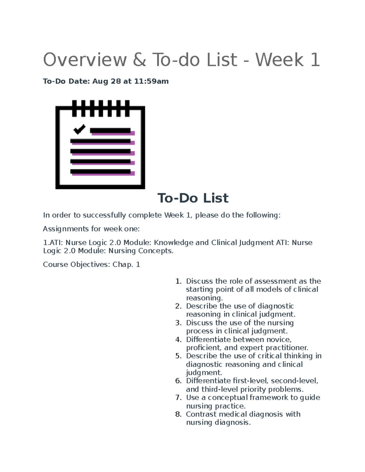 Week 1 Overview: Nursing Process & Key Course Objectives - Studocu