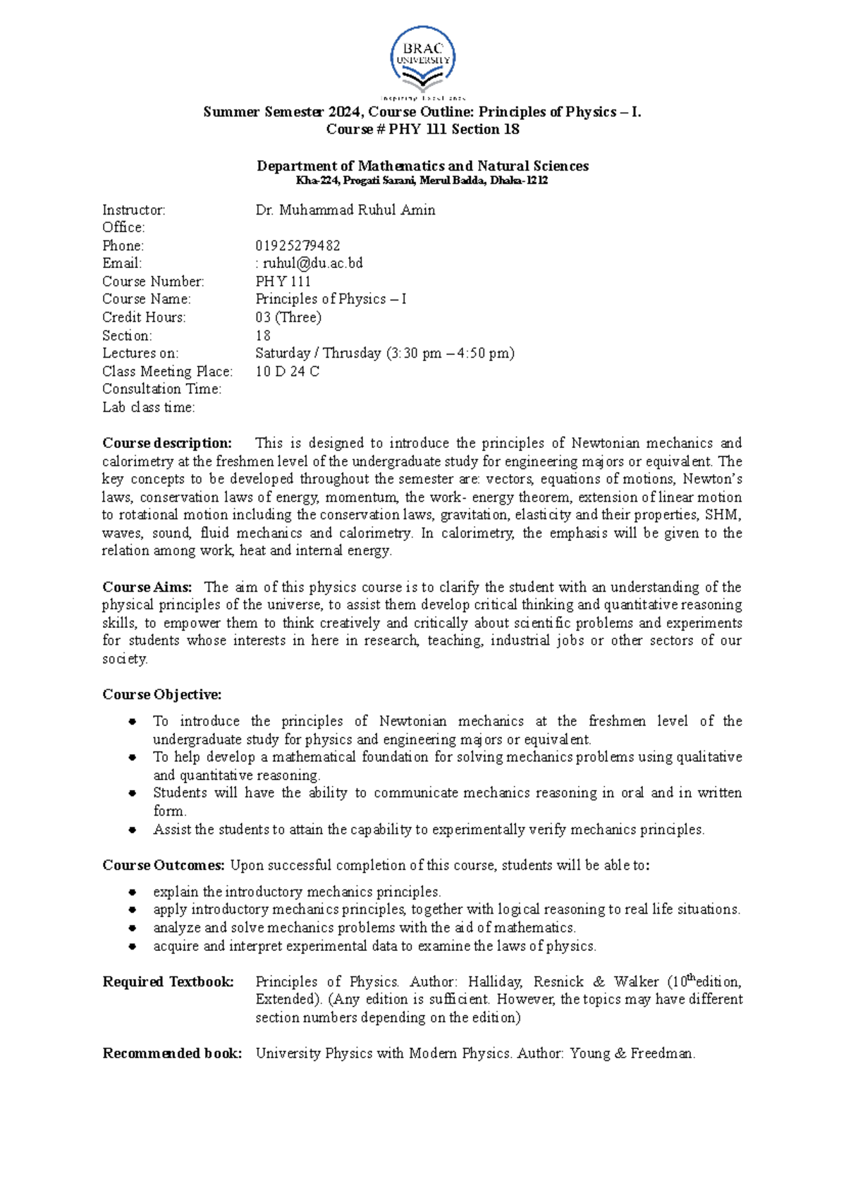 Course Outline: PHY 111 - Principles of Physics I (Summer 2024) - Studocu