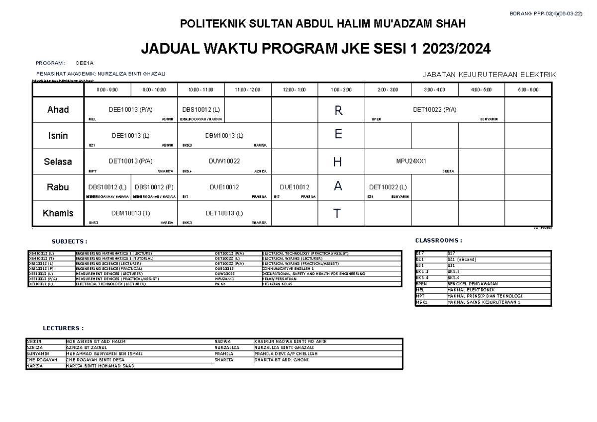 Jadual Waktu Program Kelas JKE SESI 1 2023 2024 - DEE1A POLITEKNIK ...