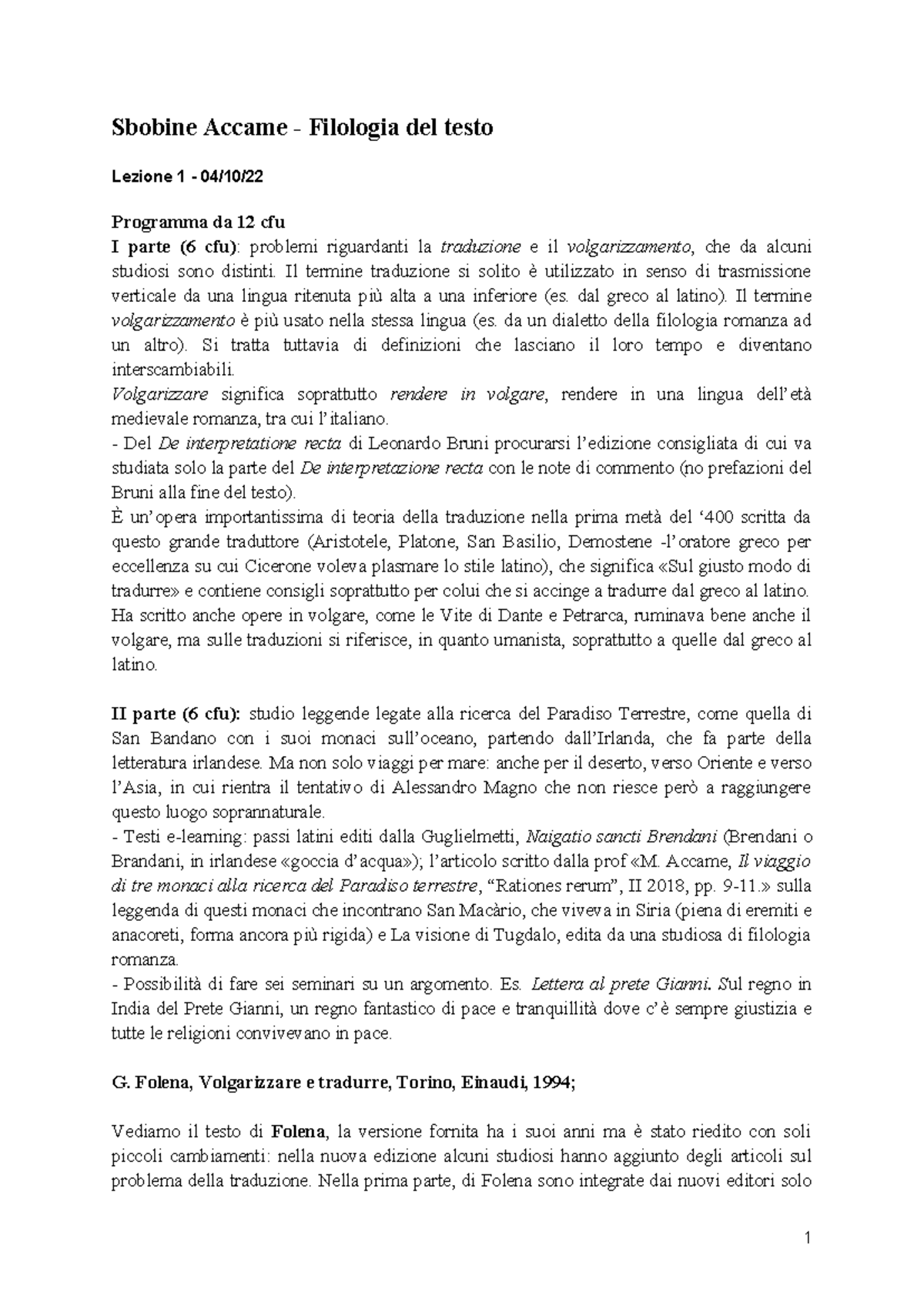 Sbobine Accame - Filologia del testo (Lezione 1 - 12 cfu) - Studocu