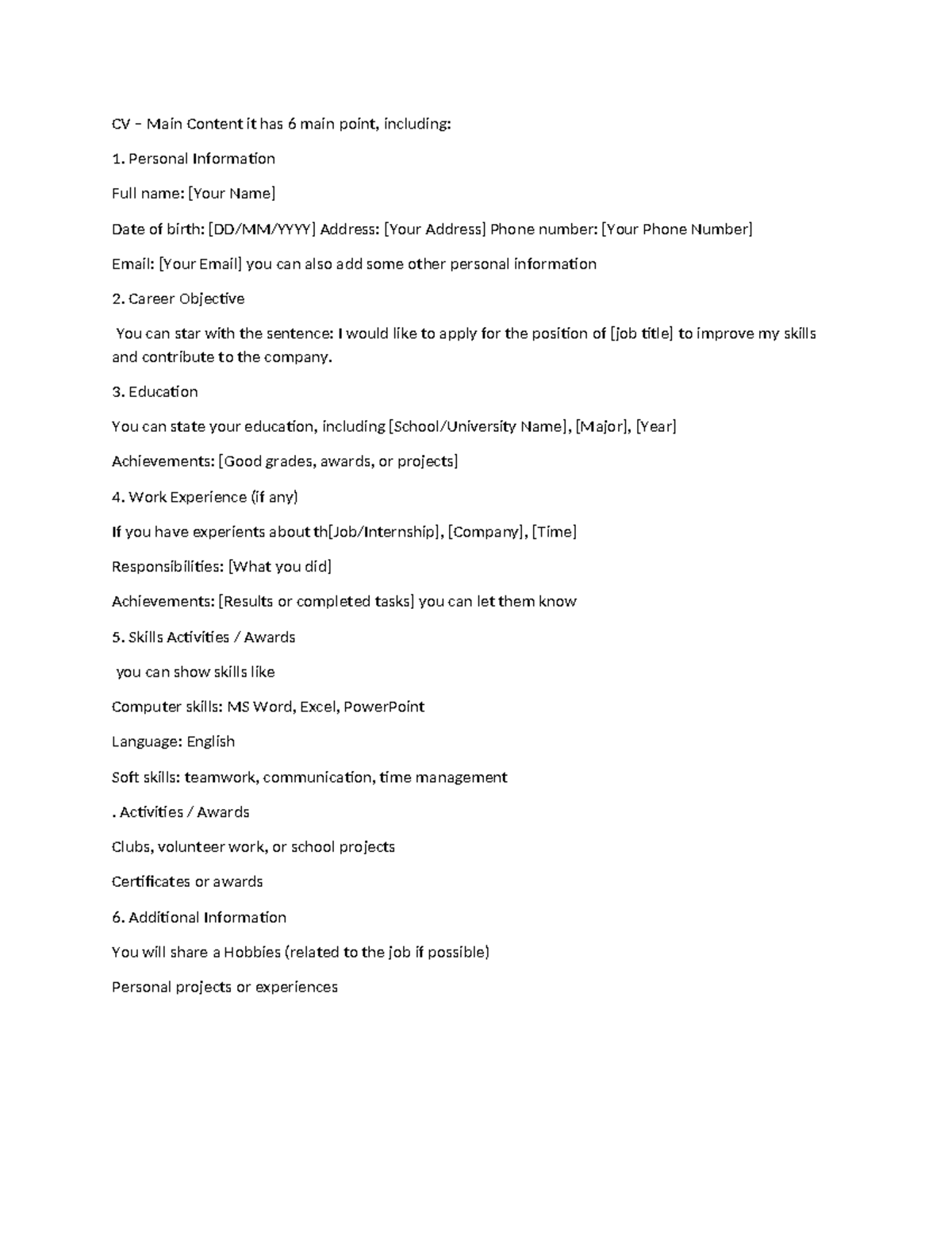 CV Main Content Guidelines for Member 2 - llll - Studocu