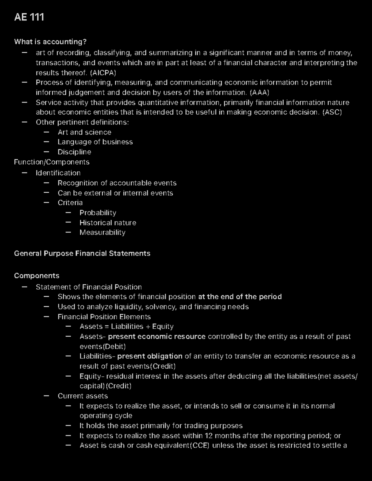 AE 111 - Accounting Principles and Financial Statements Overview - Studocu