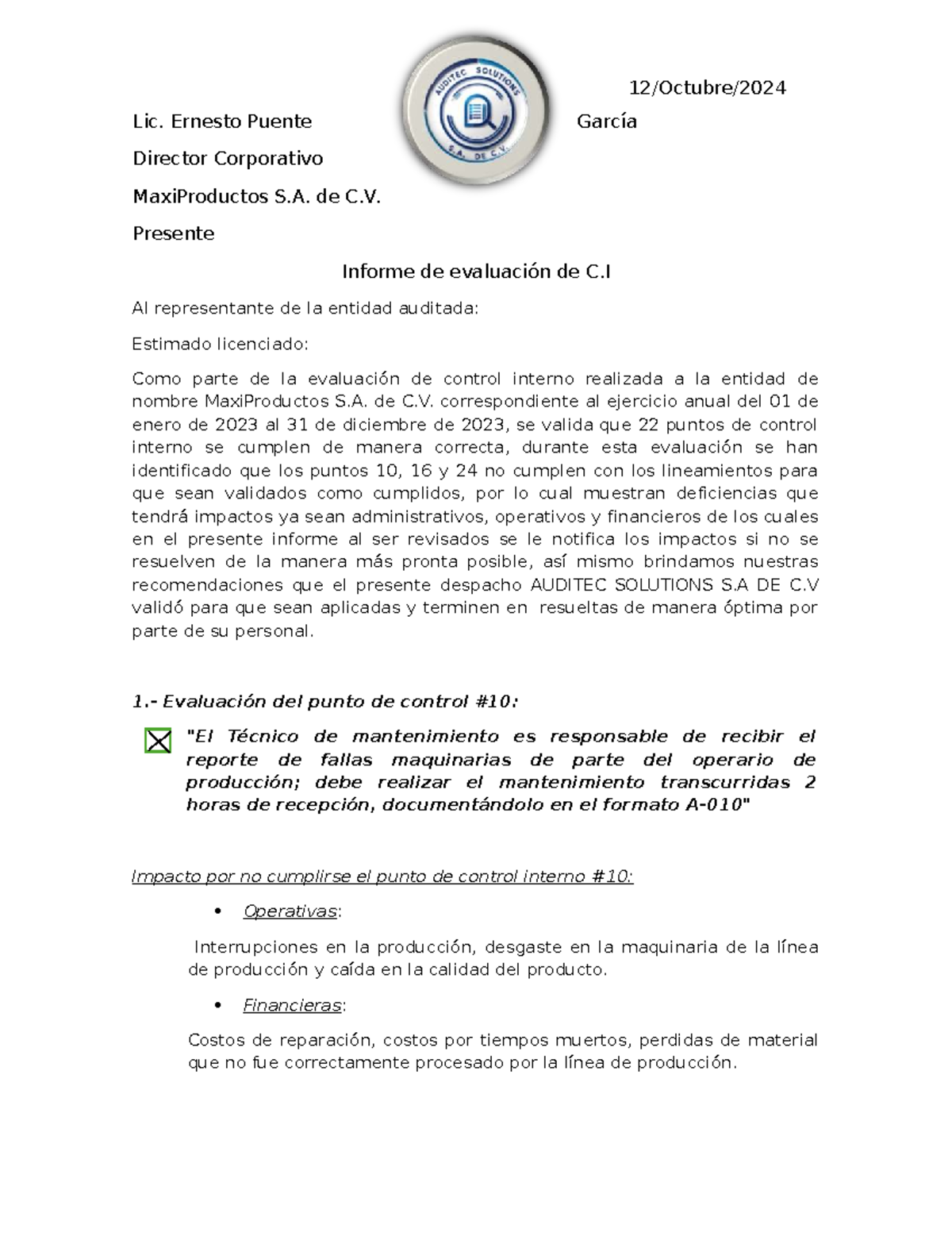 Informe de Evaluación de Control Interno 2023 - MaxiProductos S.A ...