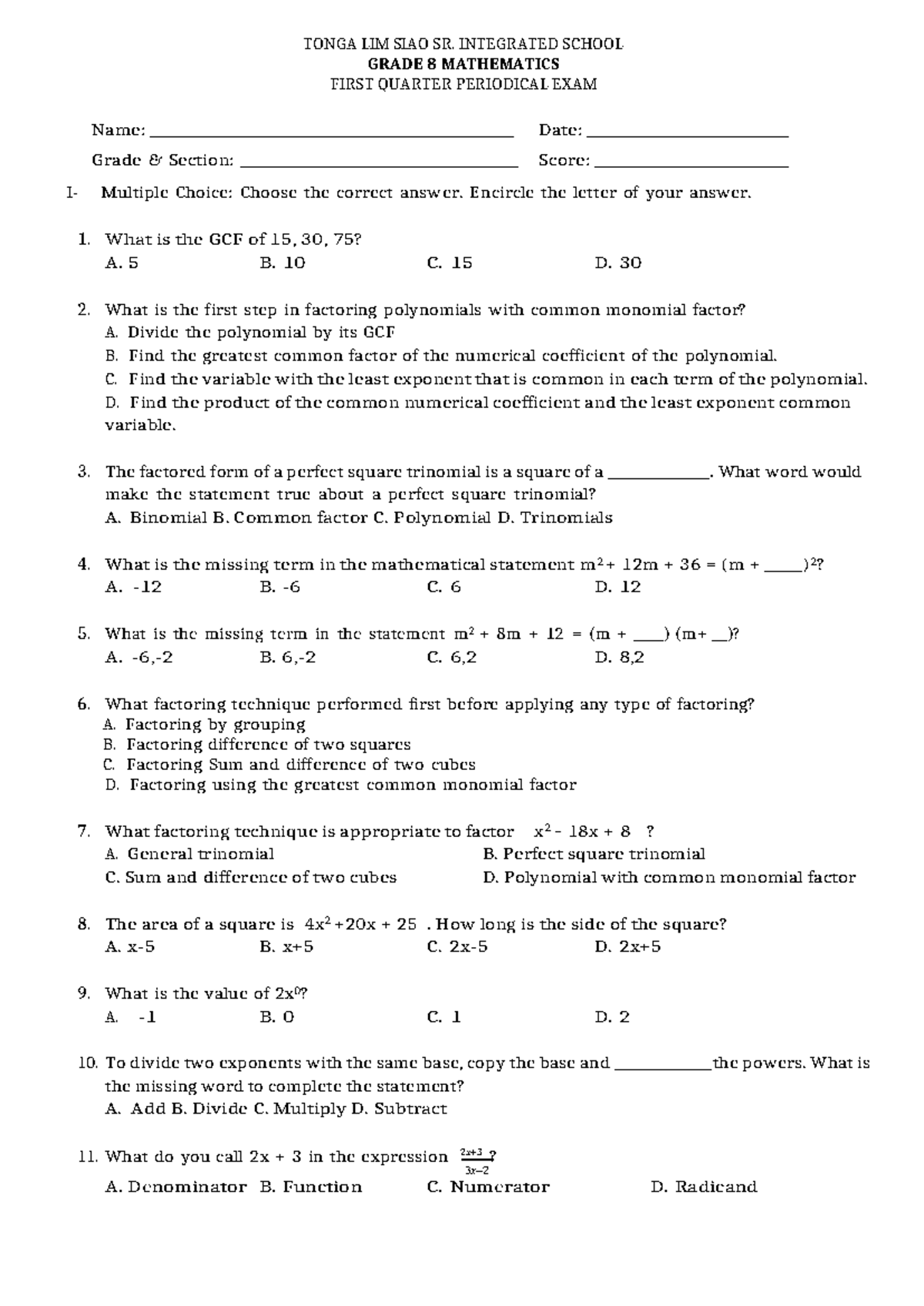 Grade 8 Math Q1 Final Exam Review: Key Concepts & Questions - Studocu