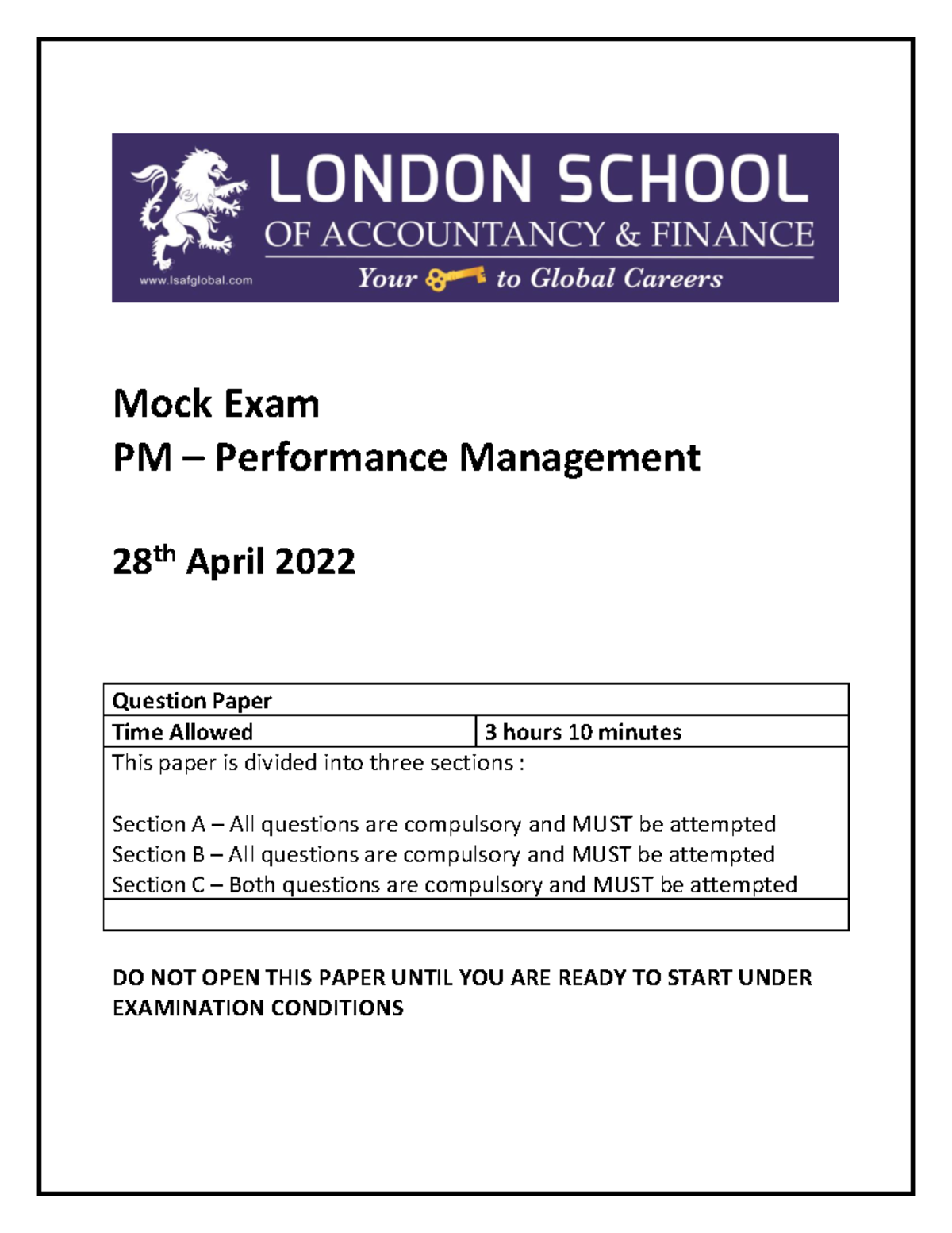 Mock Exam Question - P57308 - Mock Exam PM – Performance Management 28 ...
