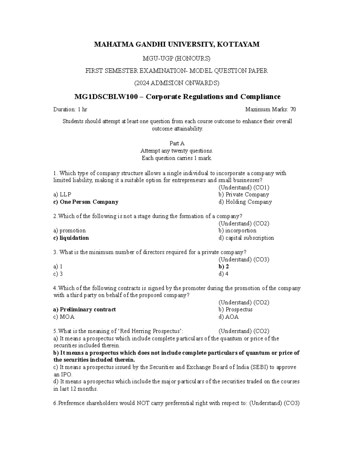 MG1DSCBLW100 Corporate Regulations and Compliance Model Question Paper ...