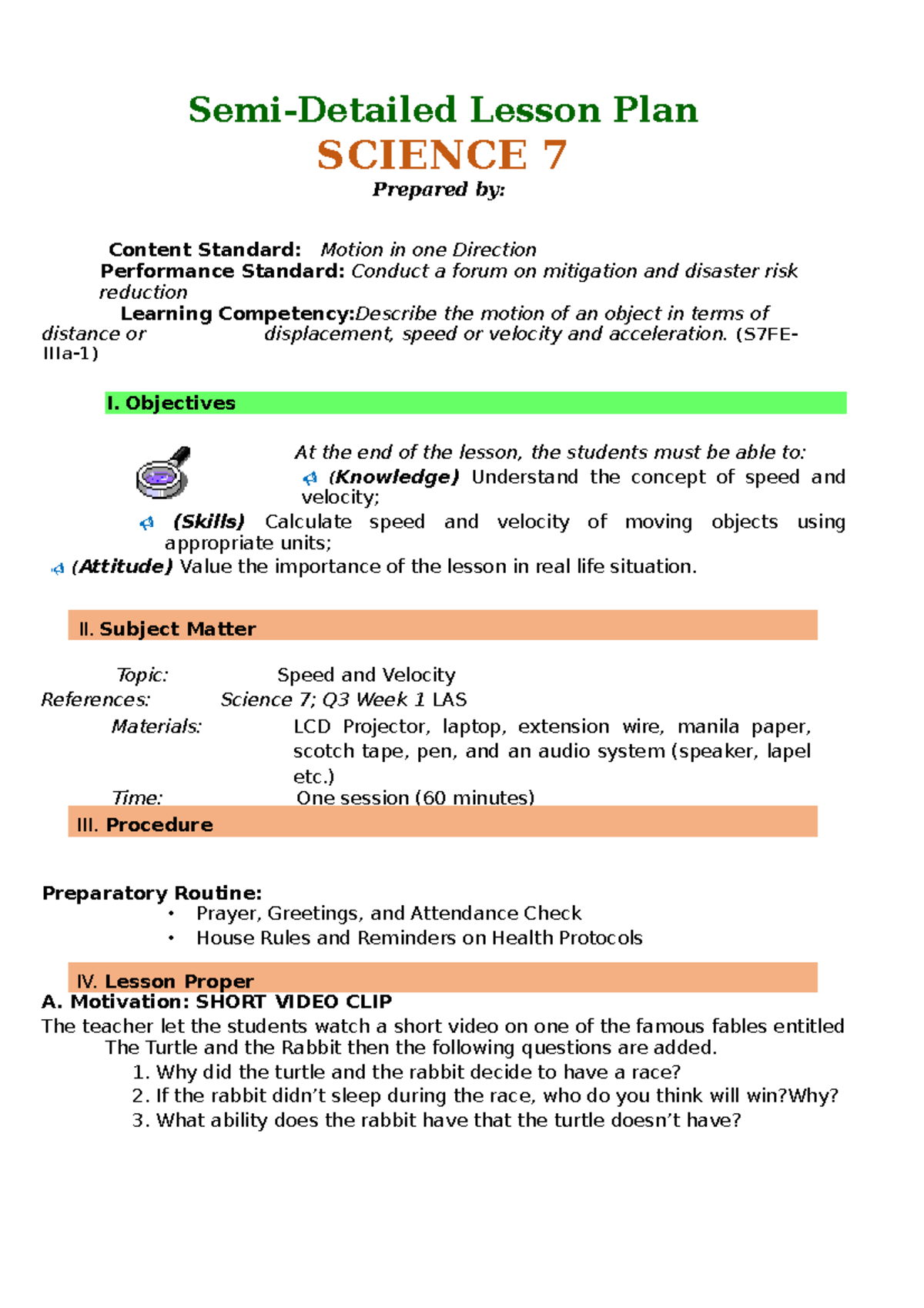 Lesson Plan for SCIENCE 7 on Speed and Velocity (COT Q3 2022) - Studocu