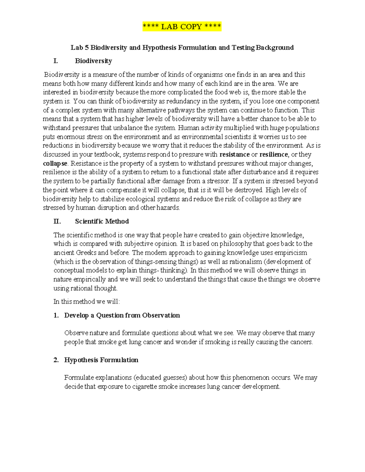 Lab 5: Biodiversity & Scientific Method in Hypothesis Testing - Studocu
