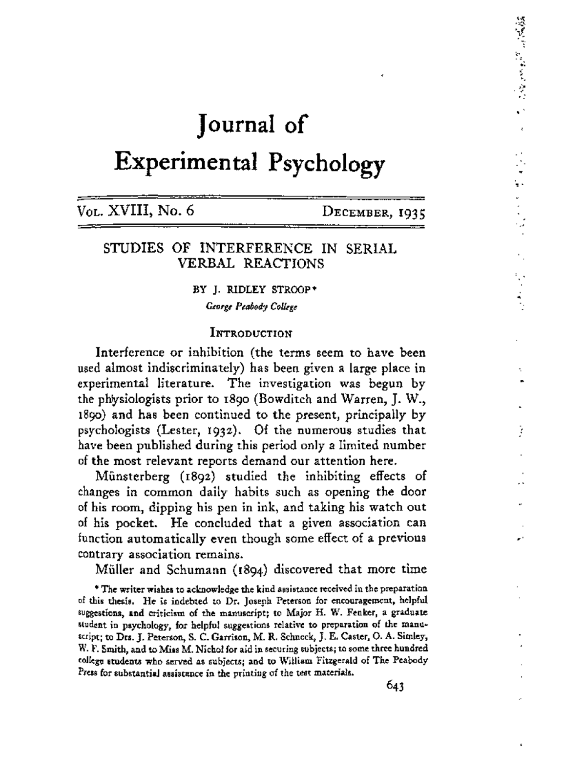 Stroop Effect: J. R. Stroop's 1935 Study on Interference in Verbal ...