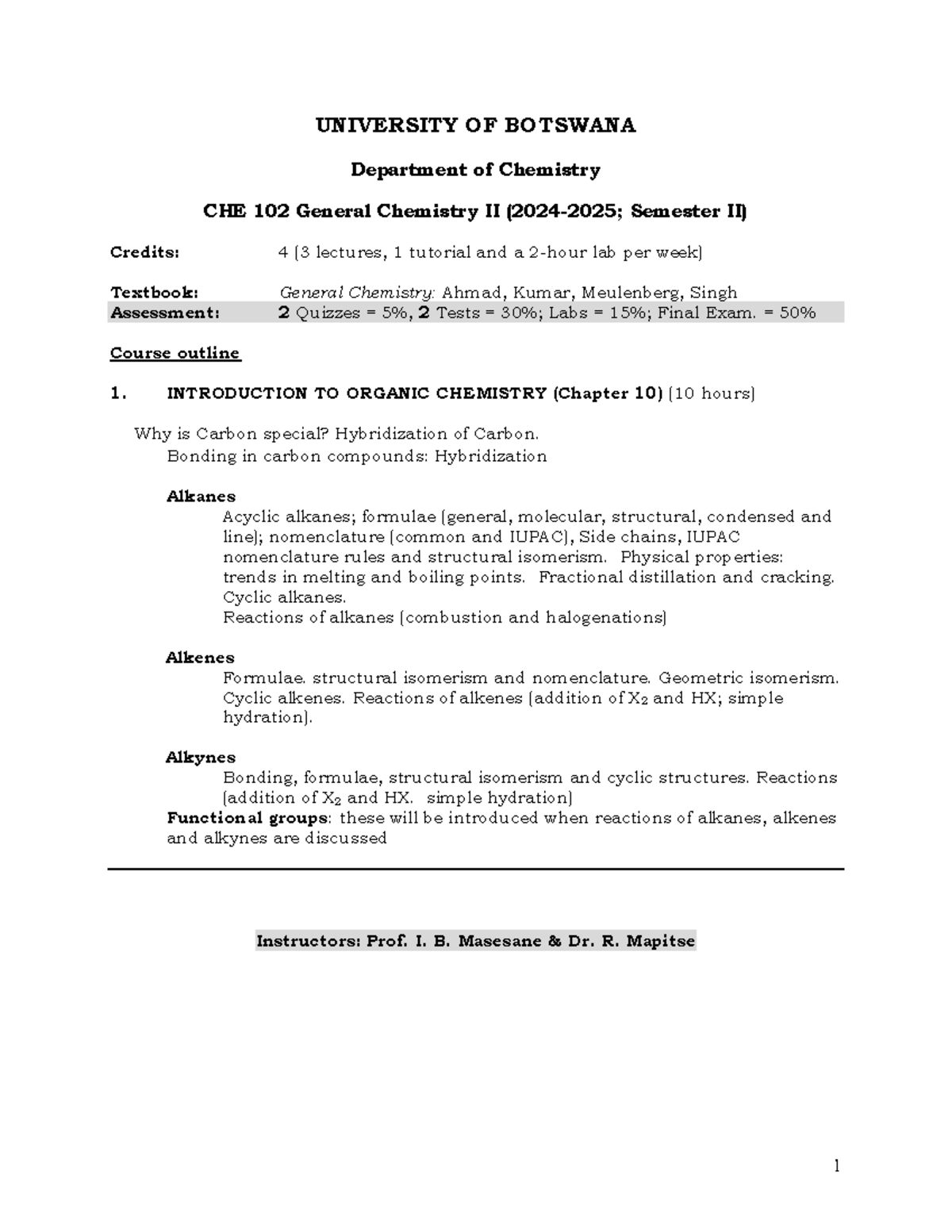 Course Outline CHE 102 - General Chemistry II (Jan 2025) - Studocu