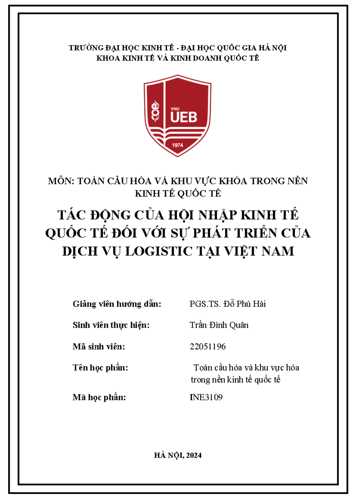Tác Động Của Hội Nhập Kinh Tế Quốc Tế Đến Dịch Vụ Logistic Việt Nam (INE) - Document Preview