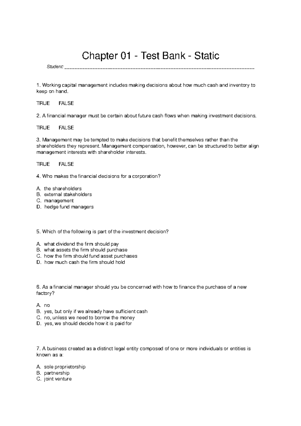 Chapter 01 Testbank - multiple questions - Chapter 01 - Test Bank ...