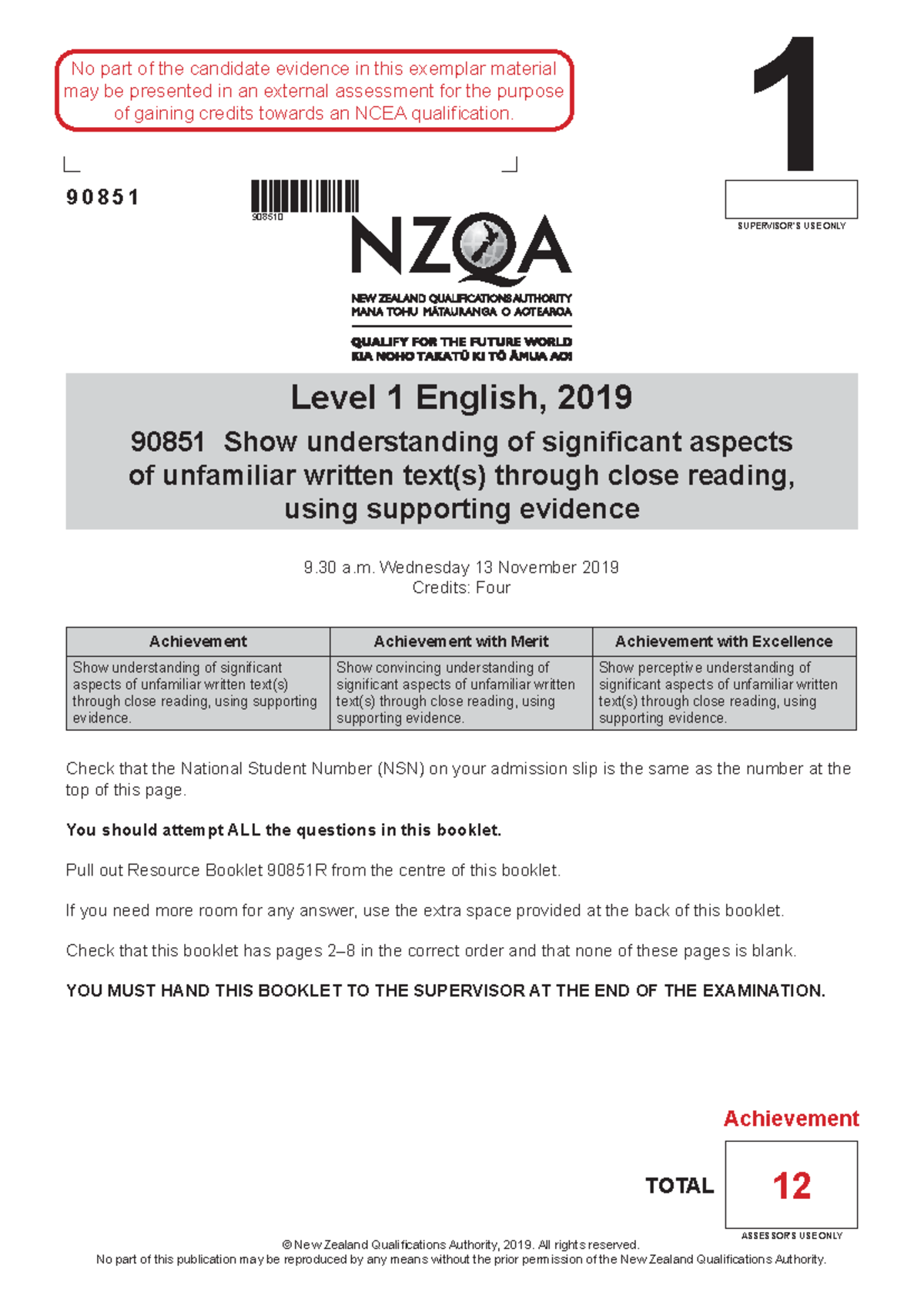 90851 exp 2019 achievement - 908510 1 SUPERVISOR’S USE ONLY 9 0 8 5 1 ...