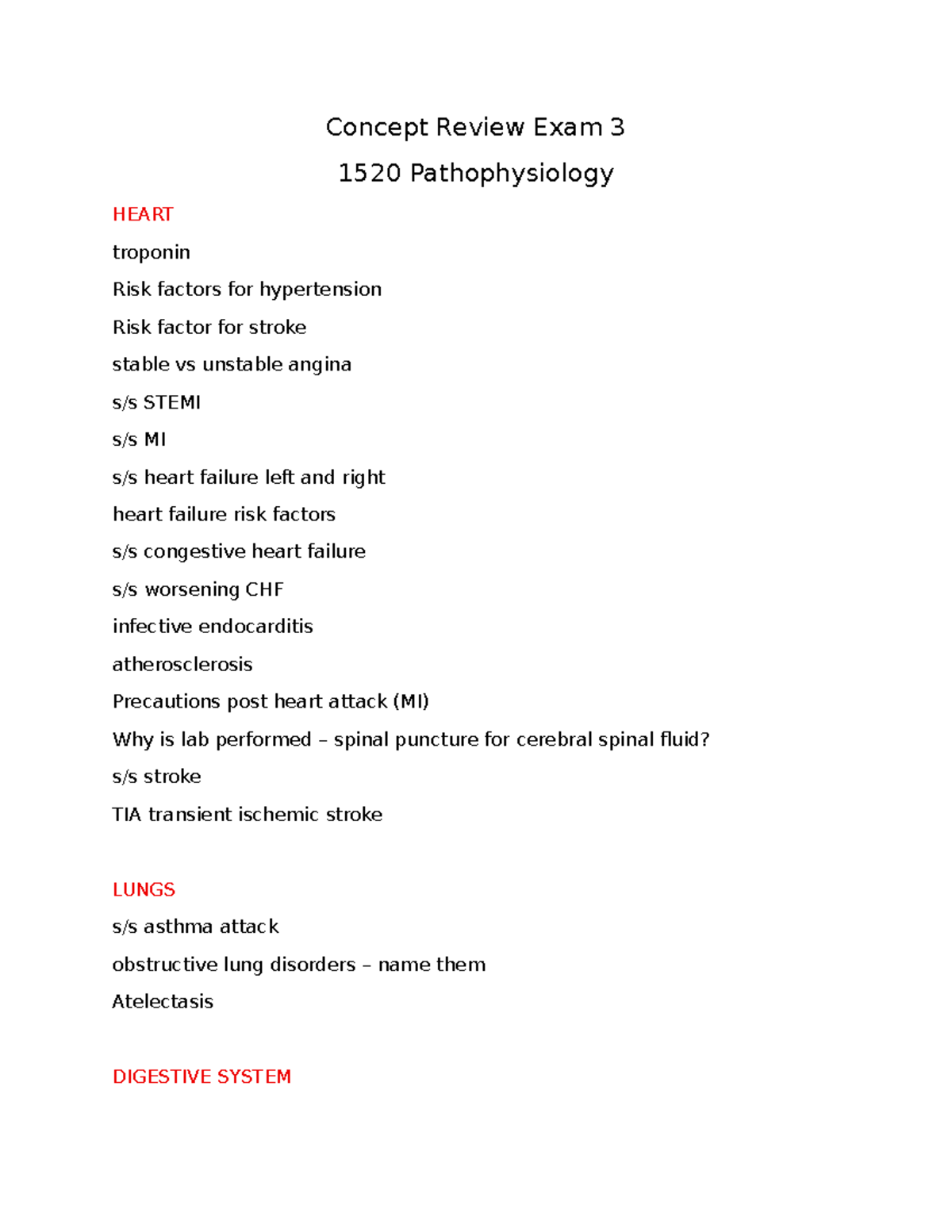 Concept Review for Exam 3: Pathophysiology (1520) - Key Topics - Studocu