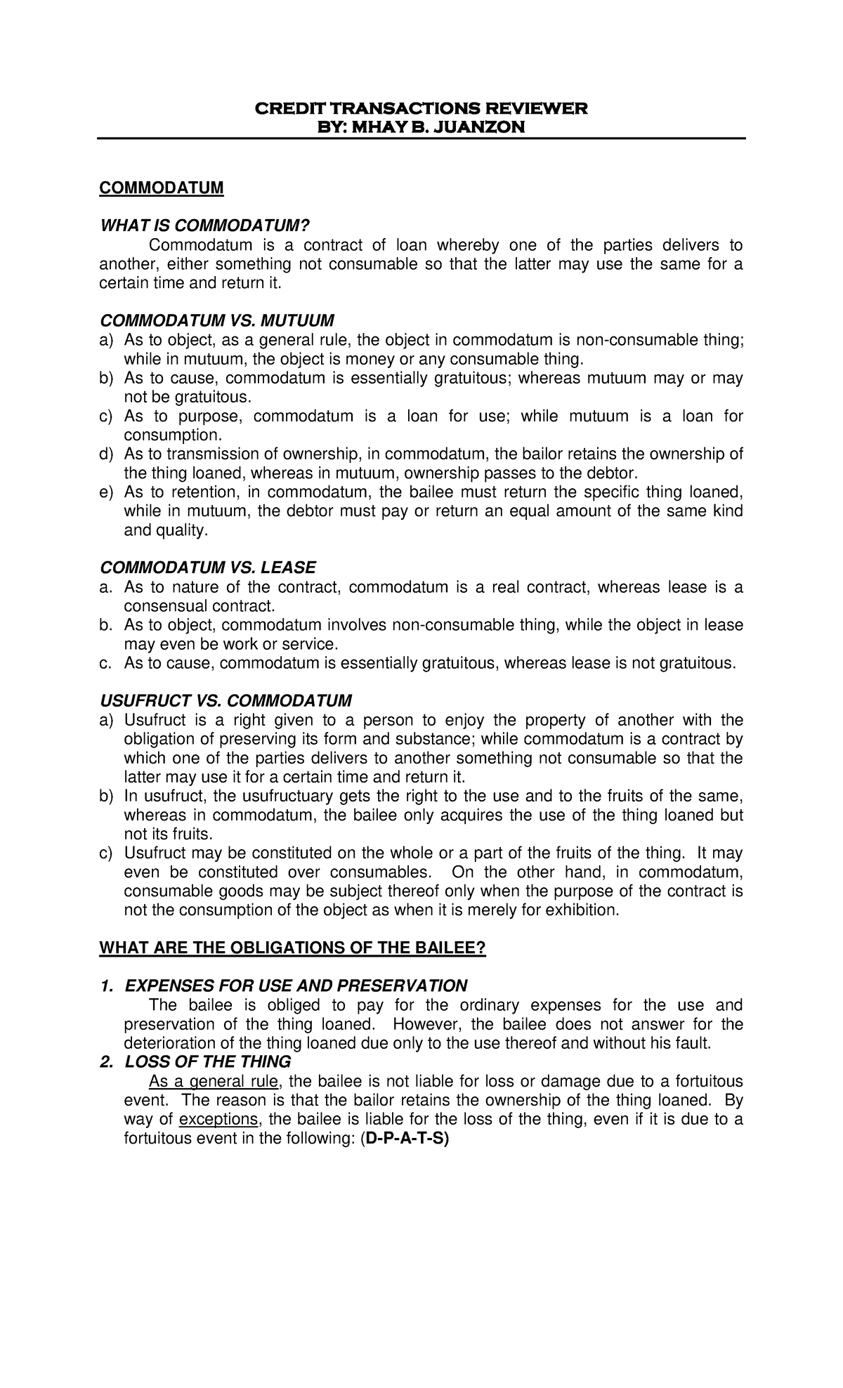 CREDIT TRANSACTIONS REVIEWER: COMMODATUM & DEPOSIT UNDER LAW - Studocu