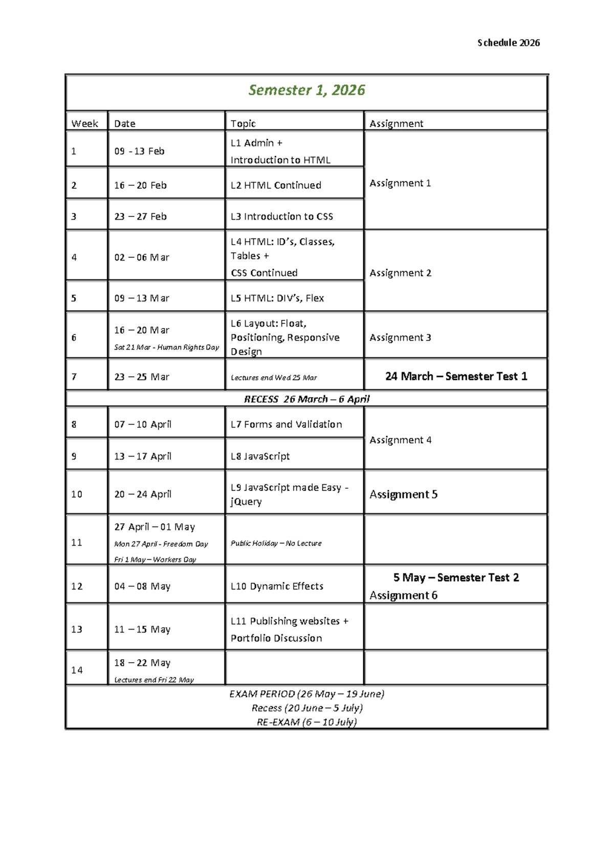 2026 WRWV201 Semester 1 Schedule and Important Dates - Studocu