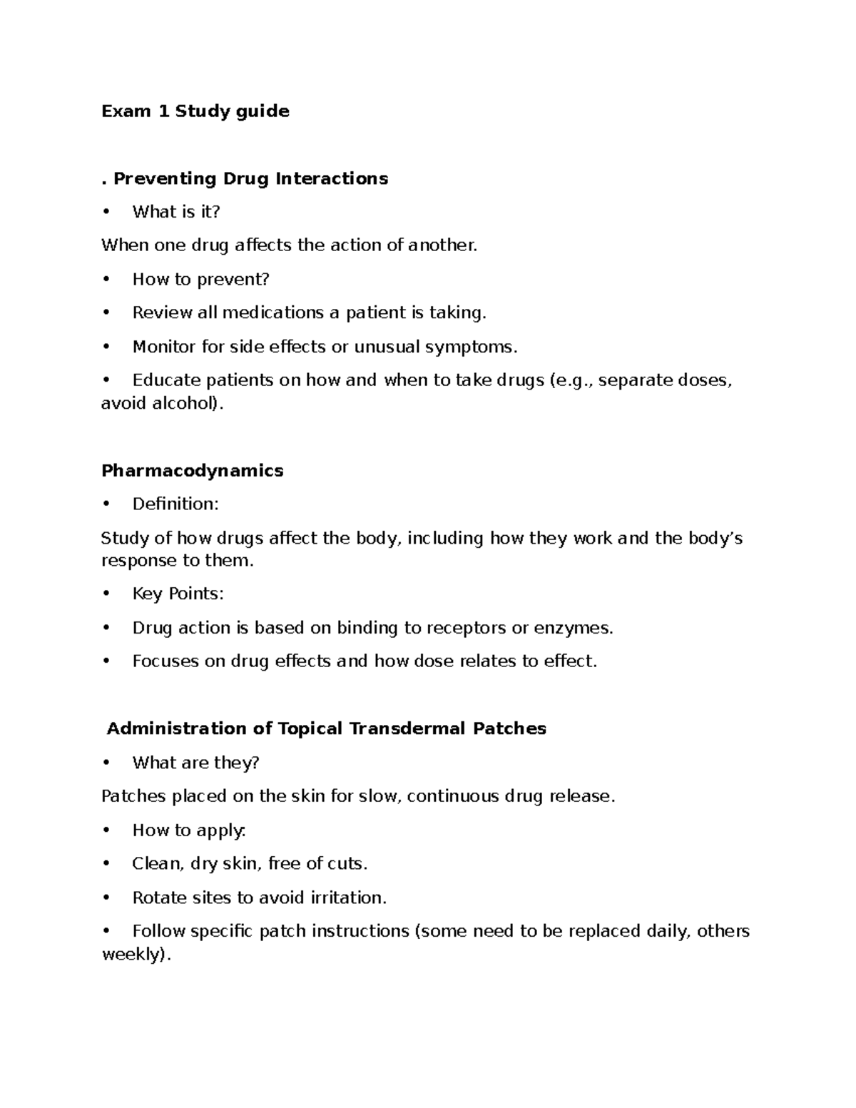 Exam 1 Study Guide: Pharmacology and Drug Interactions - Studocu