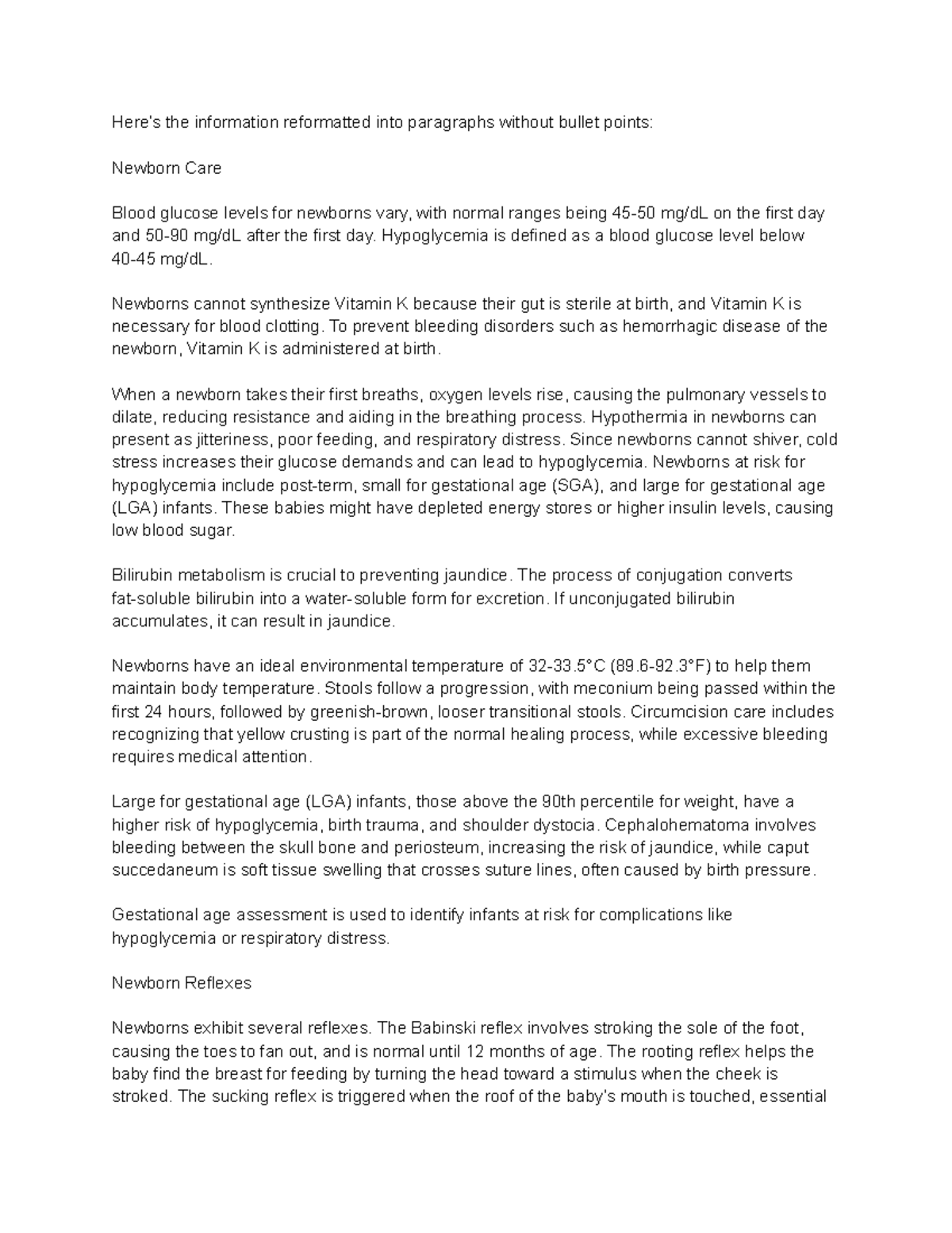 Newborn - notes for class - Here’s the information reformatted into ...