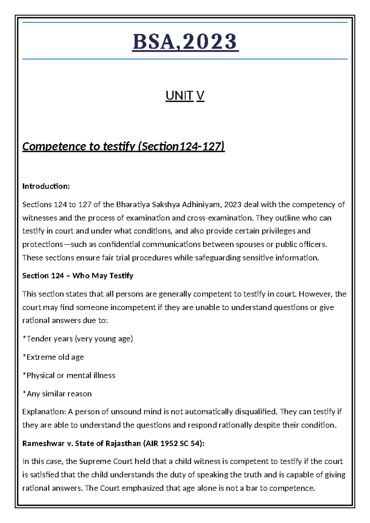 BSA, 2023 Unit V: Competency of Witnesses and Privileged Communications ...