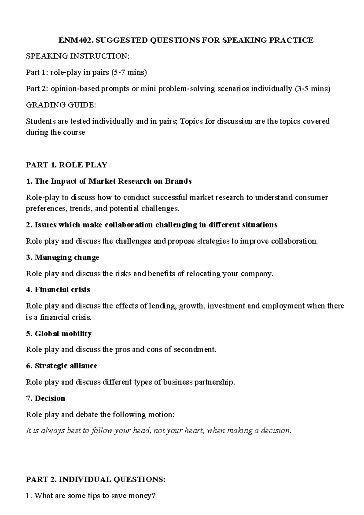 ENM402. Suggested Questions for Speaking Practice and Role Play - Studocu
