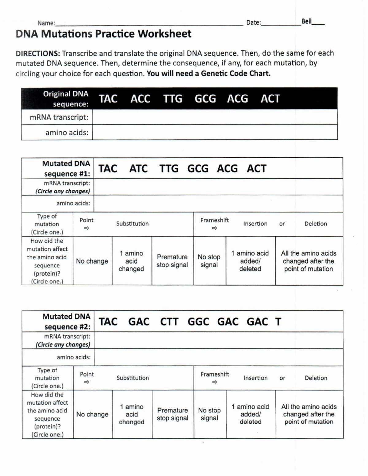 DNA Mutations Practice Worksheet - Genetics Course Code Analysis - Studocu