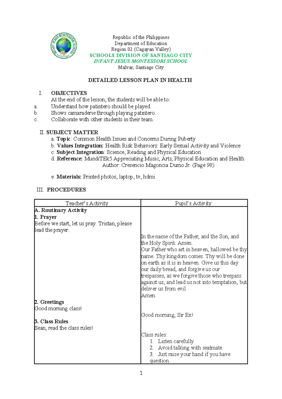 Detailed Lesson Plan in PE (Patintero) for Physical Education Class ...