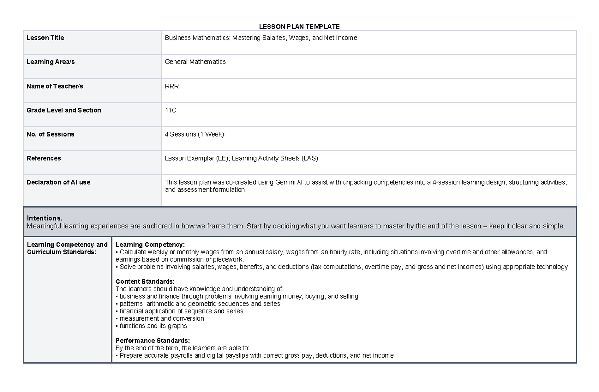 GM-T1-W1: Business Math Lesson Plan on Salaries & Wages - Studocu
