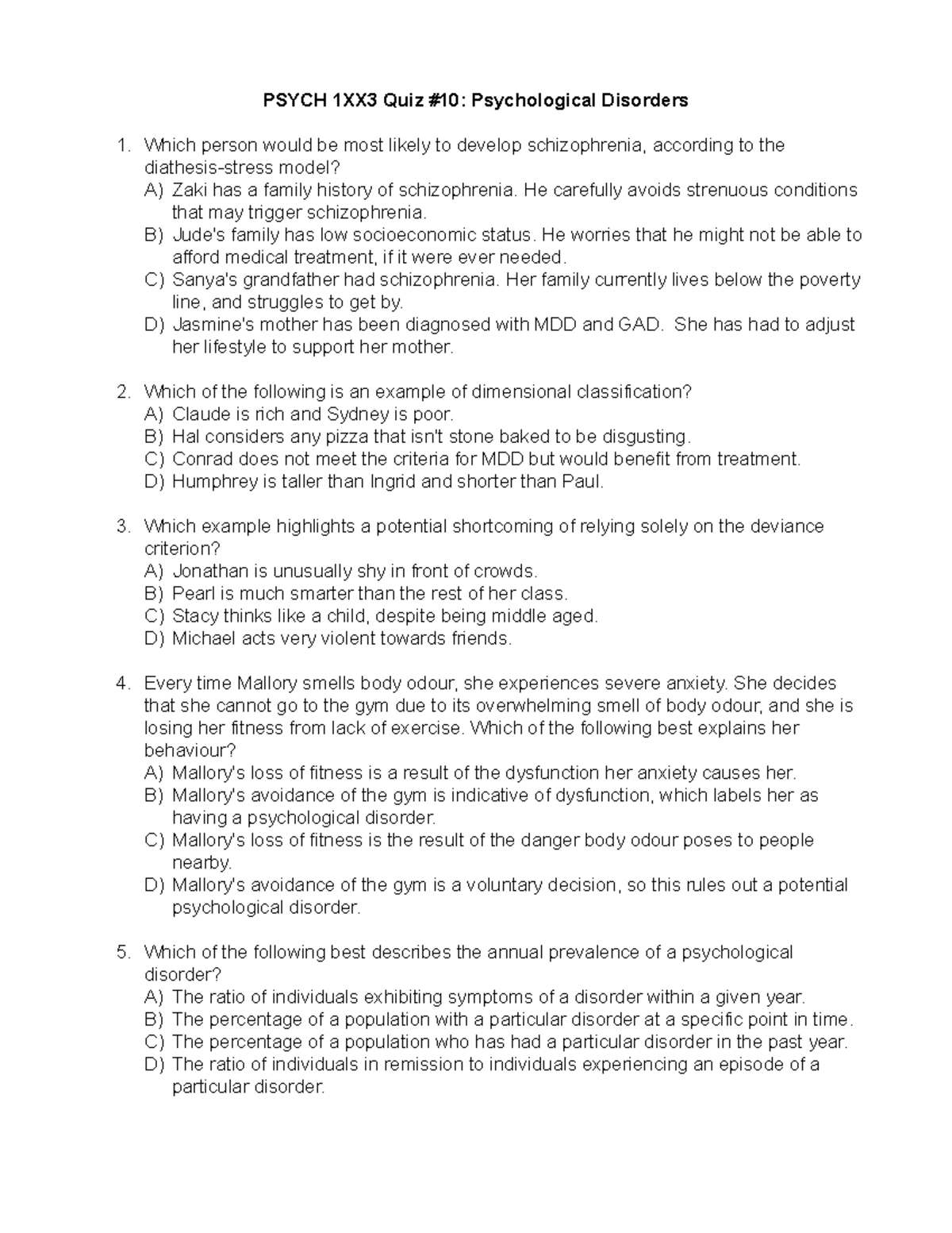PSYCH 1XX3 Quiz #10: Understanding Psychological Disorders - Studocu