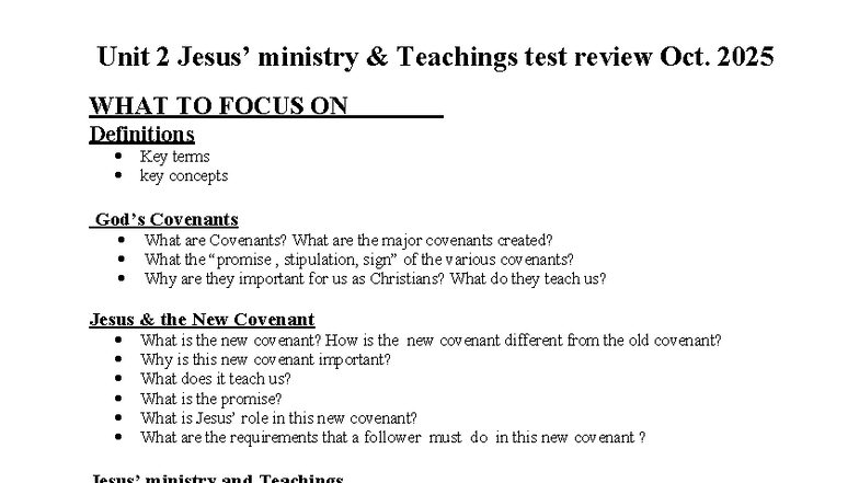 Unit 2 Ministry Teachings Test Review - Key Concepts & Covenants - Studocu
