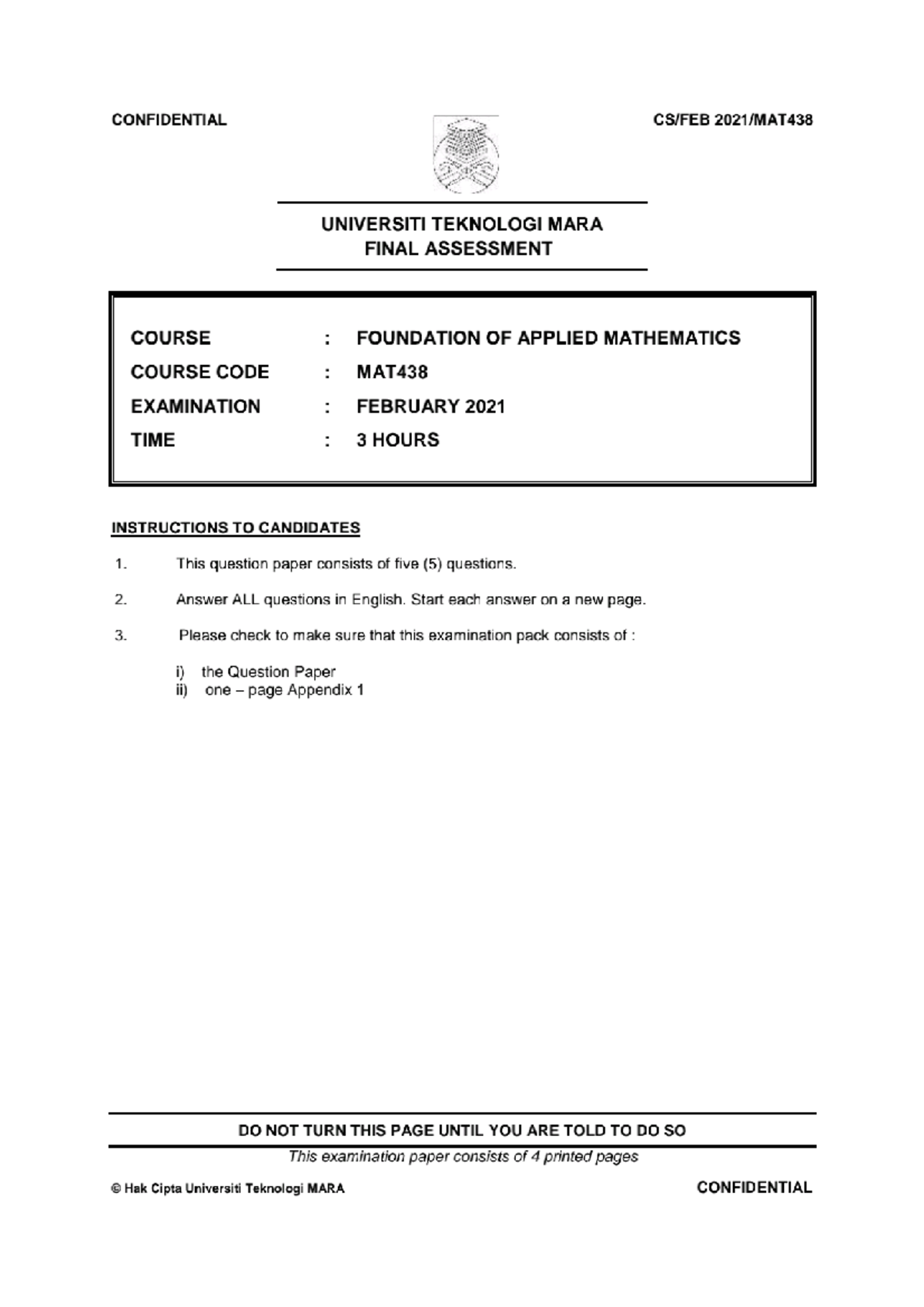 MAT438 - Final Assessment Questions - February 2021 Exam Paper - Studocu