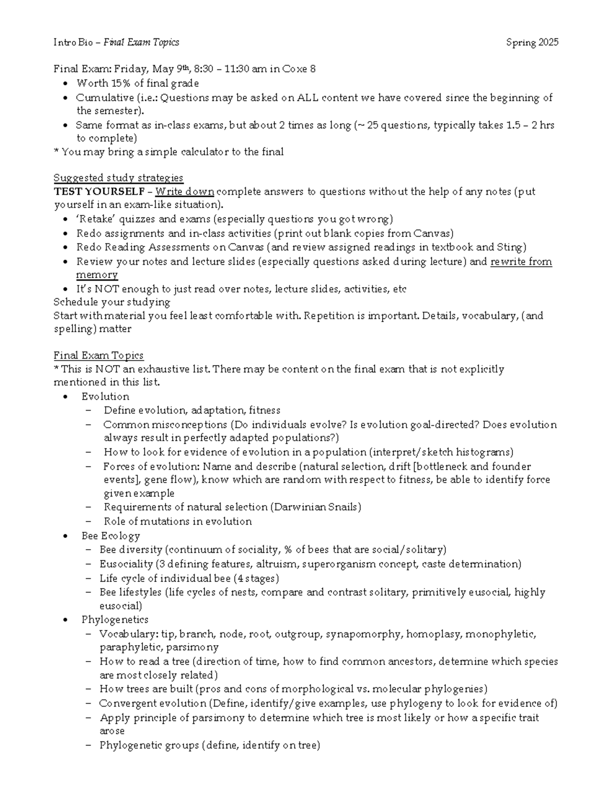 Intro Bio Final Exam Study Guide Topics Spring 2025 Studocu