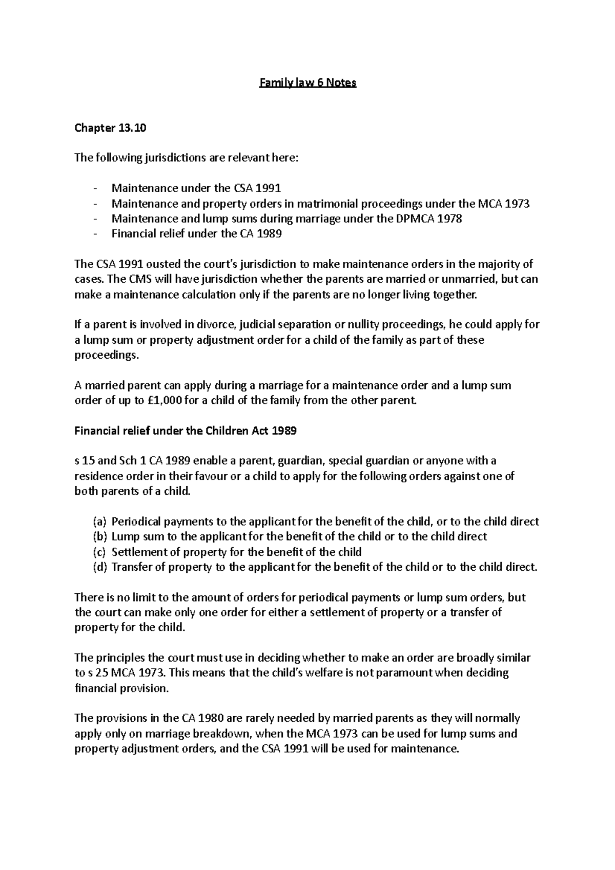 Family Law 6: Key Notes on Maintenance and Financial Orders - Studocu