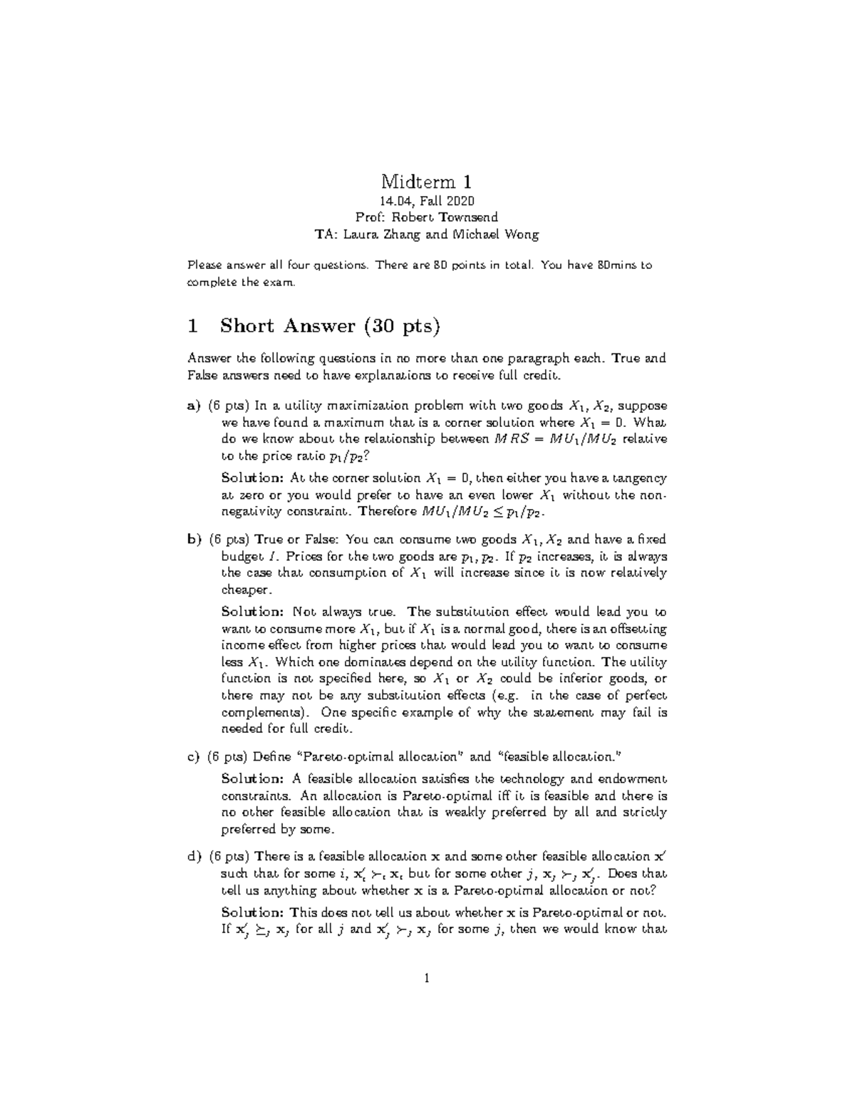 Mit 14.04 Fall 2020 Midterm Exam 1 - Prof. Townsend - Studocu