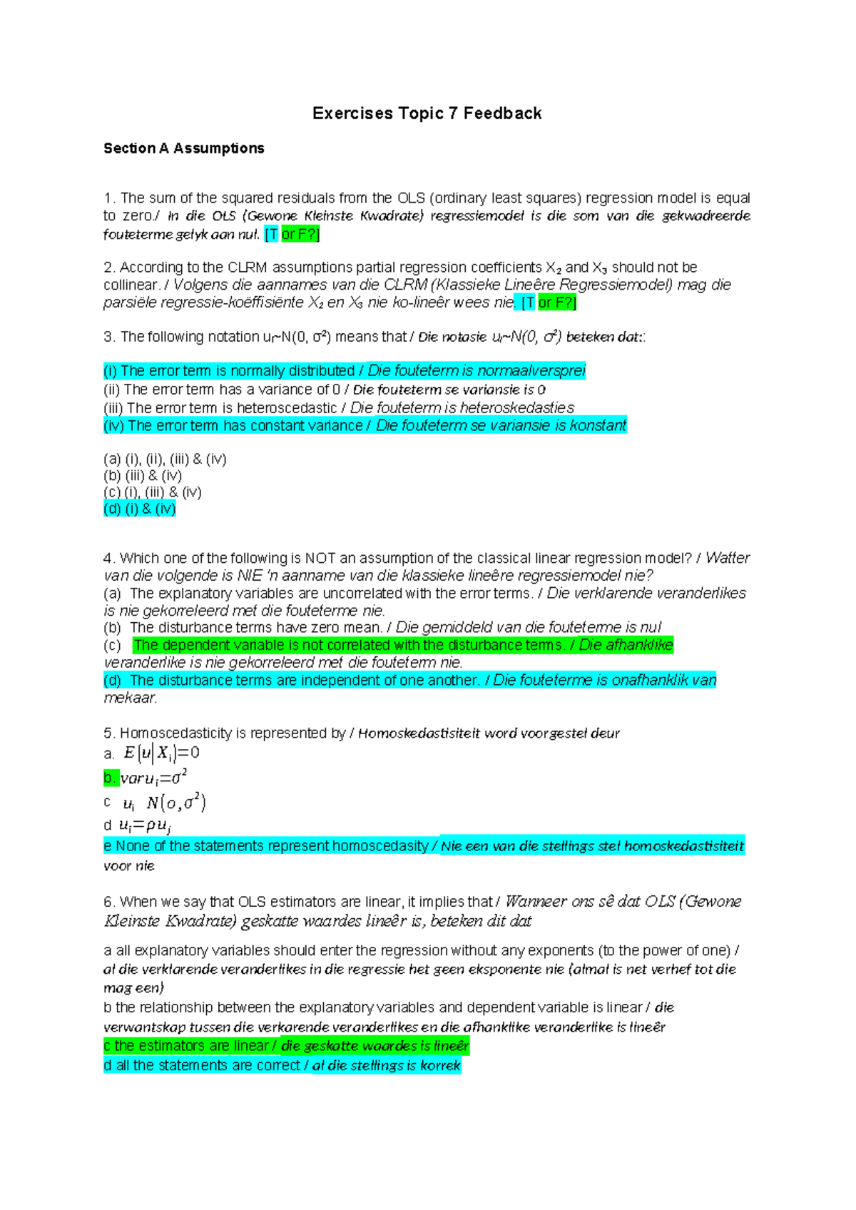 Exercises Topic 7: OLS Regression Feedback and Analysis - Studocu
