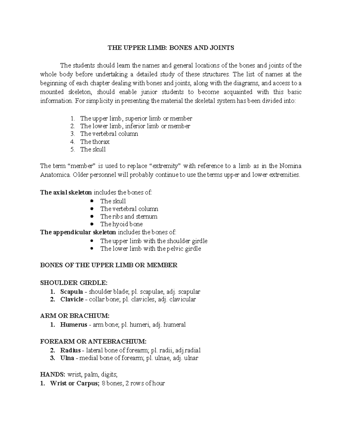 CH 6: Anatomy of the Upper Limb - Bones and Joints - Studocu