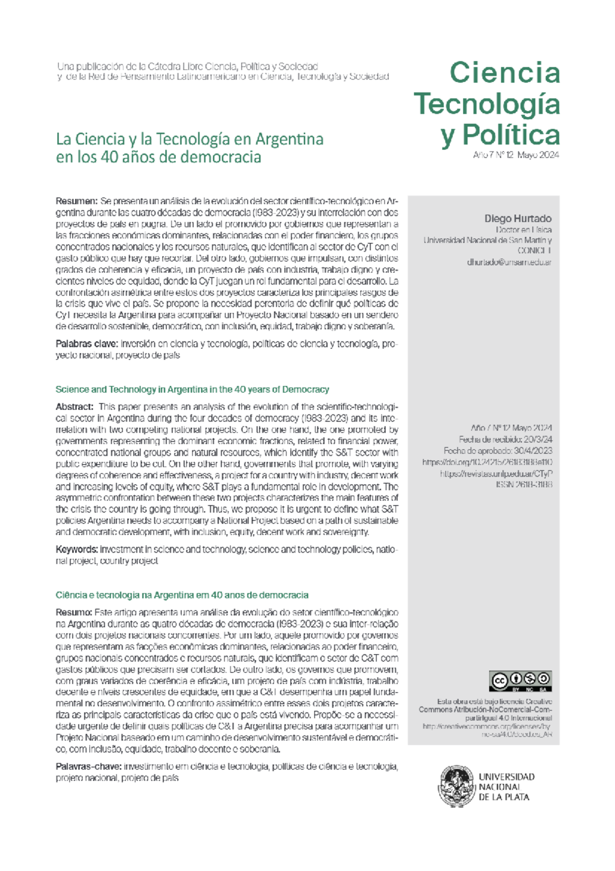 Ciencia y Tecnología en Argentina: 40 Años de Democracia y Política ...